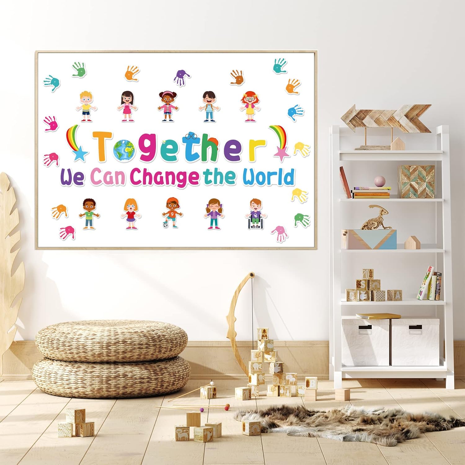 Together We Can Change The World Classroom Bulletin Board Set Decorations Back to School Bulletin Board Hands with Hearts Diverse Children Cutouts for Kids and Teacher Classroom School Supplies Decor