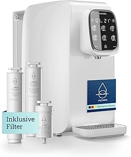 VILTARO® Osmoseanlage Trinkwasser [weiß, 5-stufiges Filtersystem, 6 Temperaturstufen, mobil ohne Wasseranschluss] | Umkehrosmoseanlage | Osmose Wasserfilter | Kalkfilter | Trinkwasserfilter