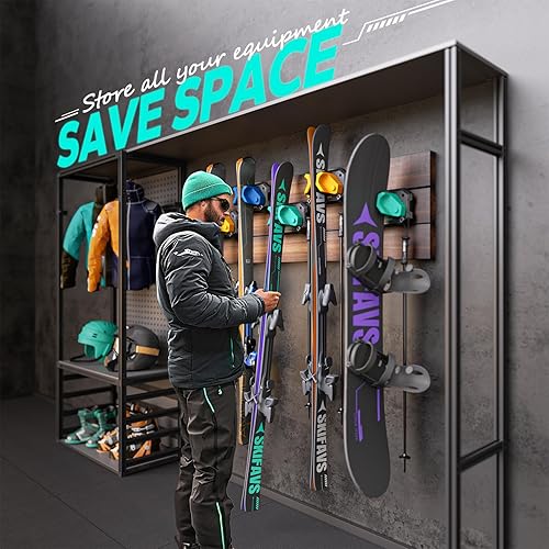 Miniatura 2 de Estante de pared de esquí y snowboard para pared de garaje se adapta a cualquier esquí/tabla, soporte de montaje de pared de esquí sin daños