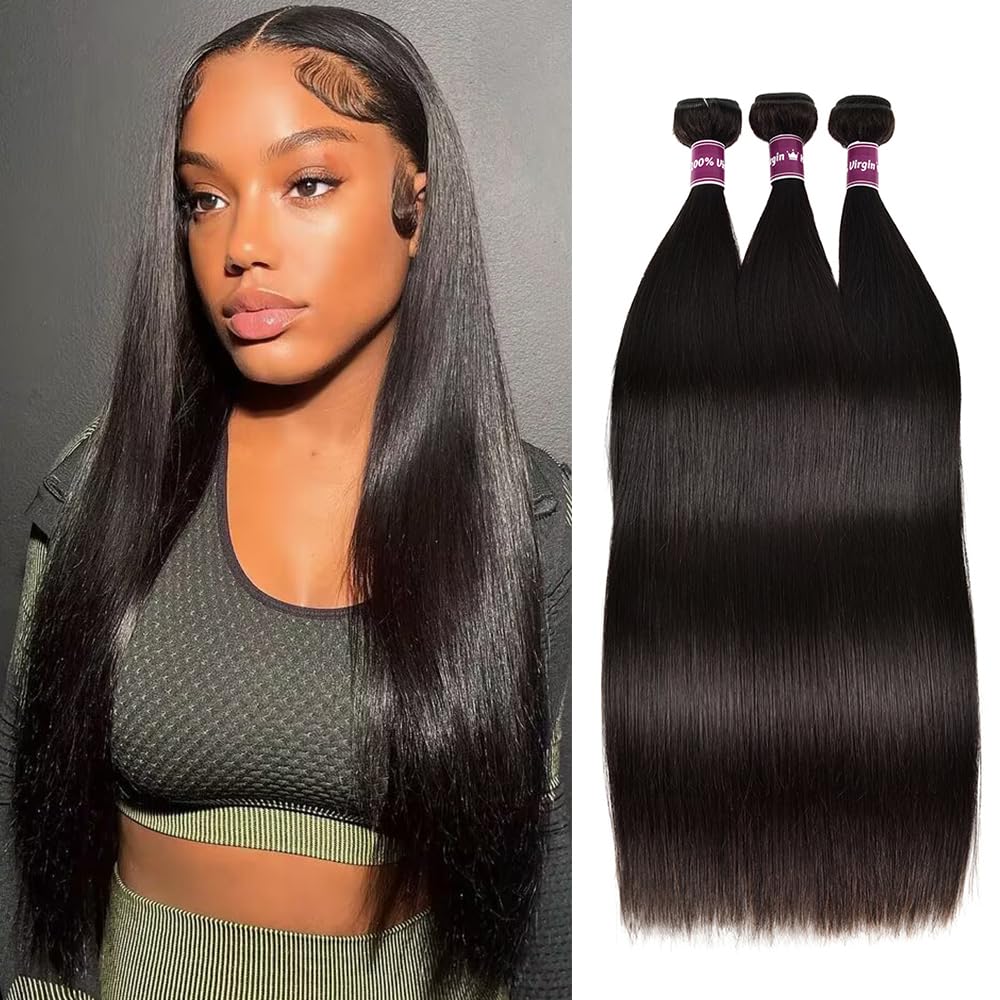 12A Straight Hair Bundles Brazilian Virgin Human Hair Bundles Straight 30 30 30 Inch 100% Unprocessed Virgin Hair Straight Weave Bundles Human Hair 3