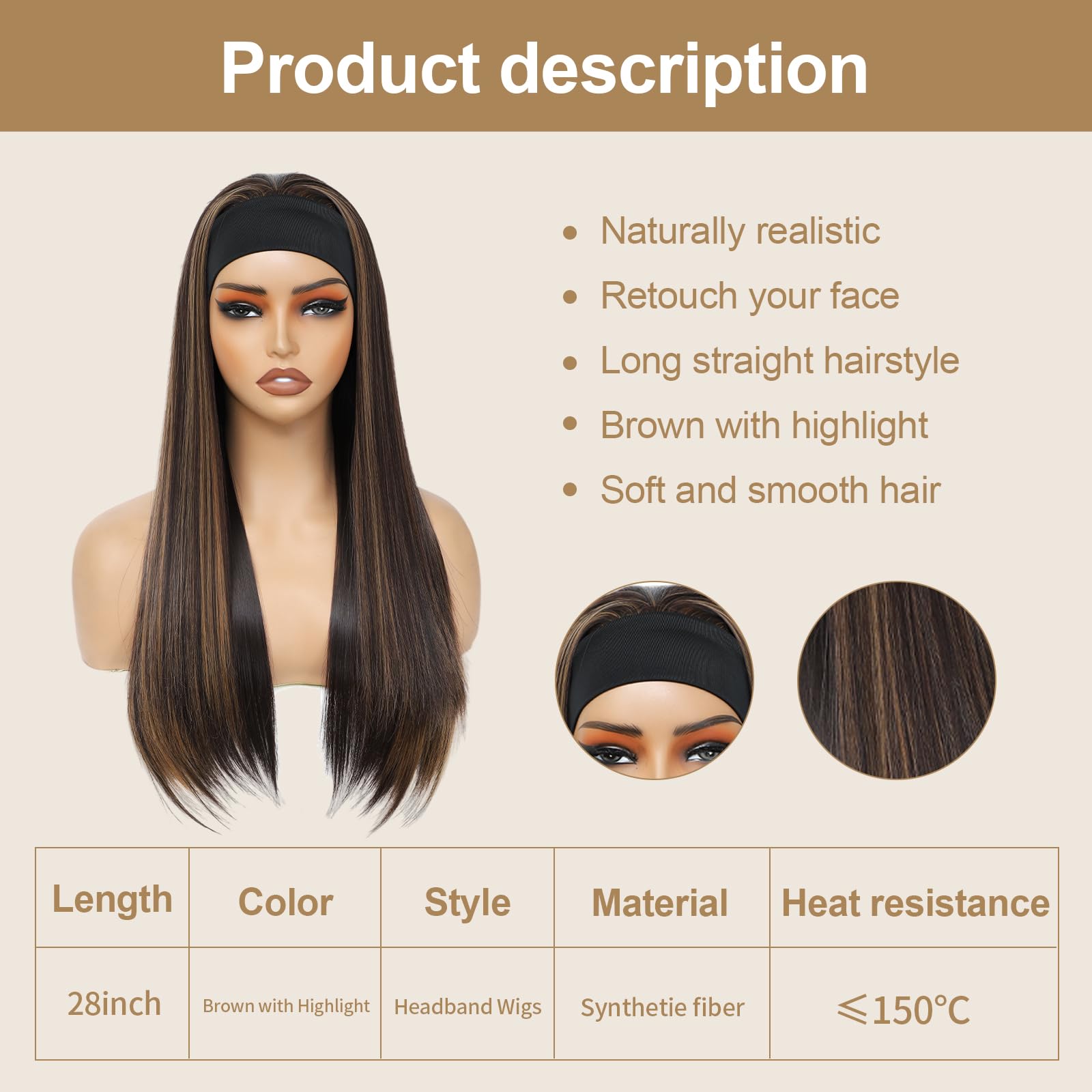Yacurcur Headband Wigs Silky Straight Hair Glueless Headband Wig None Lace Front Hair Headband Wig Synthetic Straight for Women 150% Density Brown with Highlight Color 28 Inch - Image 2