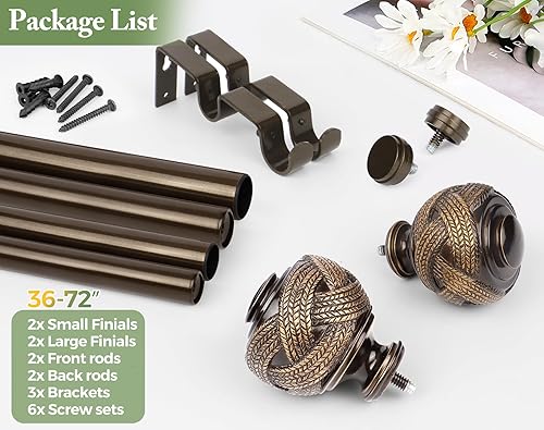 Miniatura 6 de Barras de cortina dobles de 1 pulgada de 36 a 72 pulgadas (3 a 6 pies), barras de cortina de bronce USFOOK para ventanas de 24 a 68 pulgadas, barra