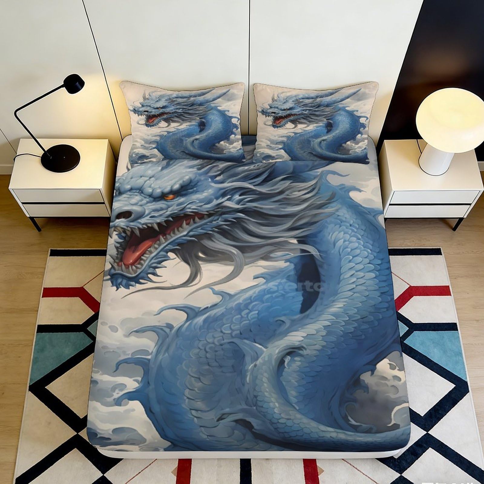 Pnayamiorkfel Style-9 3D Printed Blue Dragon Fitted Sheet Microfiber Soft Anti-Slip Bedroom Decor Mythical Serpent Bed Cover For Home Dorm 90X200x25cm