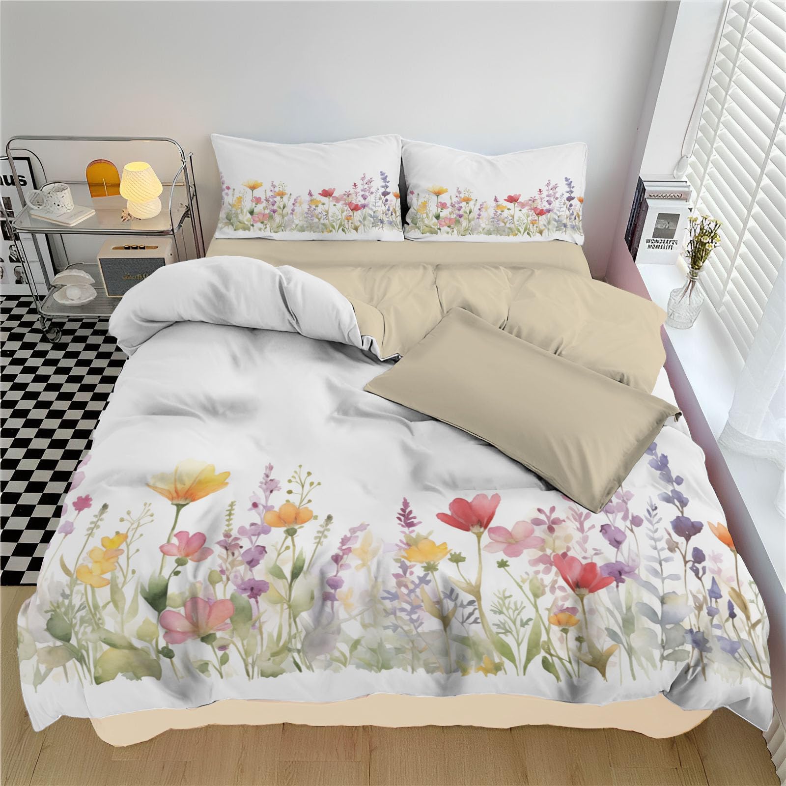 Parure de couette aquarelle fleurs anti-plis literie blanche pour lit double