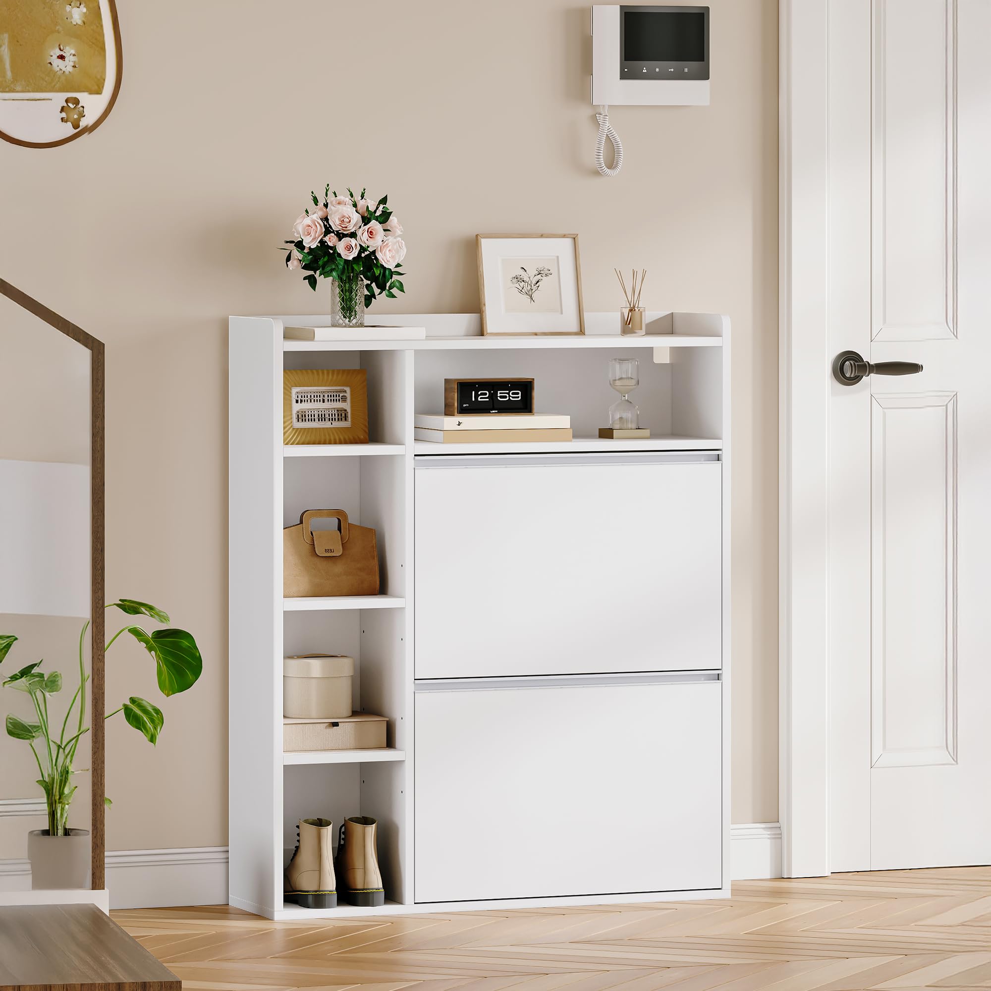 HEXCELEN Meuble à Chaussures avec 2 Portes, 5 Compartiments, Blanc | Armoire à Chaussures, Séparateur Réglables, 8 à 12 Paires, pour Entrée, Salon, 84,7 x 24 x 102 cm