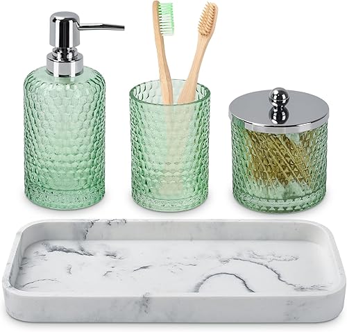 Juego de accesorios de baño, 4 piezas de accesorios de baño de vidrio verde, dispensador de jabón de loción, soporte para cepillos de dientes,