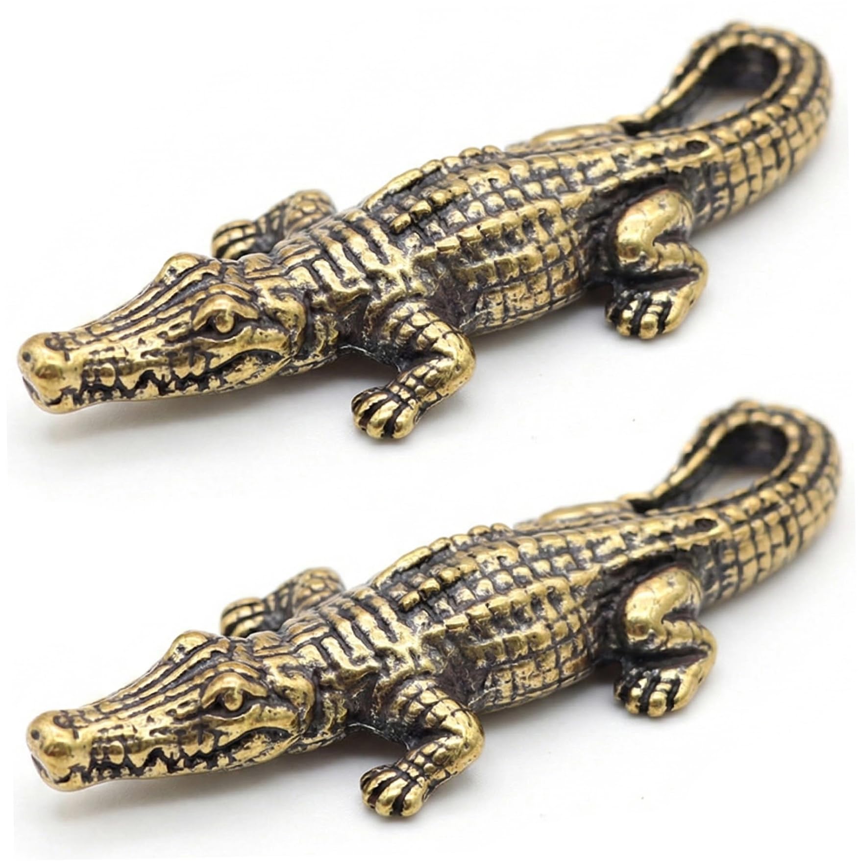Striegro 2Pcs Brass Alligator Figurine, Miniature Crocodile Statue for Home Office Desk Decor, Animal Ornament and Keychain Charm..