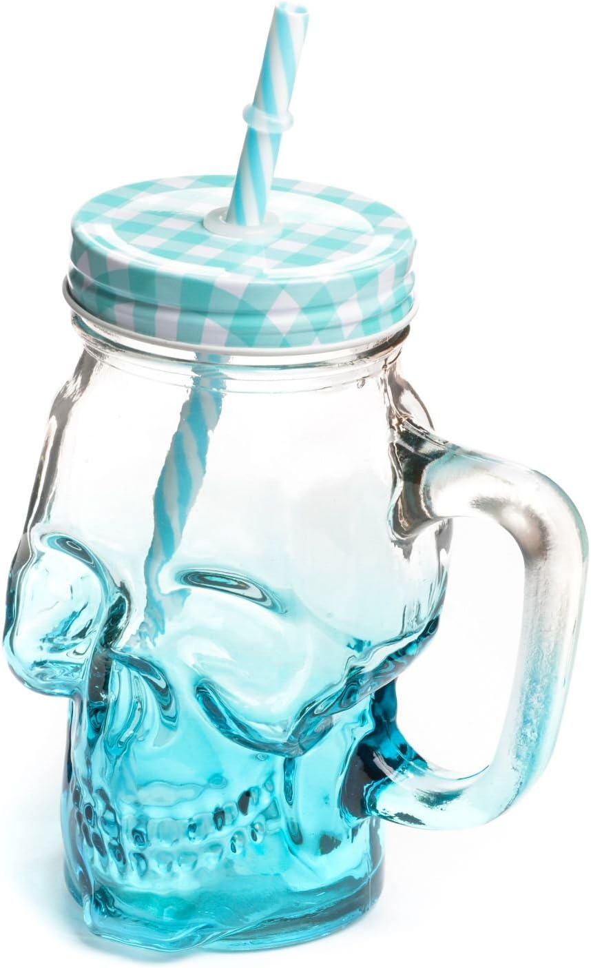 Mason Jar Glass Skull Design 16oz with Handle & Straw