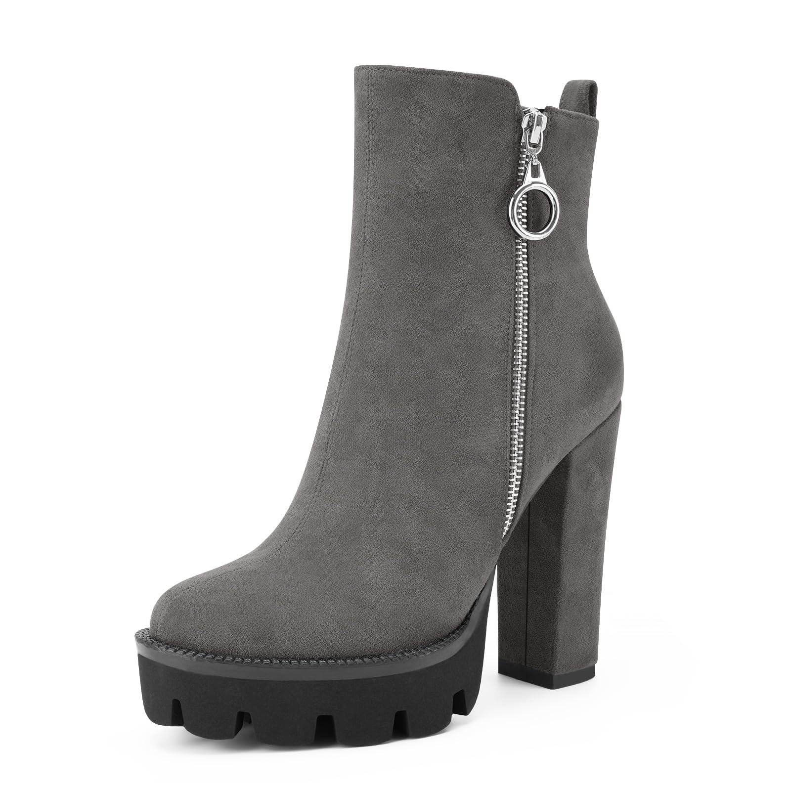 Oh Mispares Womens Platform Ankle Boots Round Toe Chunky Heel Suede Lug Sole Booties Zipper High Heeled Short