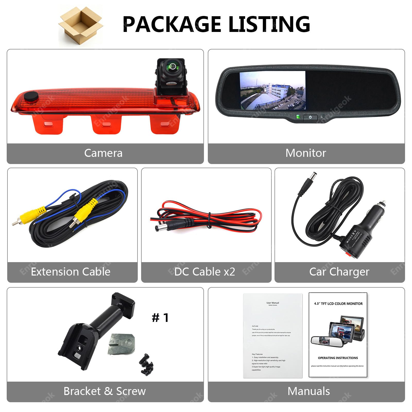 Cámara de marcha atrás HD de alto nivel para Renault Express 2021-2024, Dacia Dokker 2012-2024, repuesto original de carcasa de luz de freno con monitor de espejo de 4.3 pulgadas (kit n.º 1)