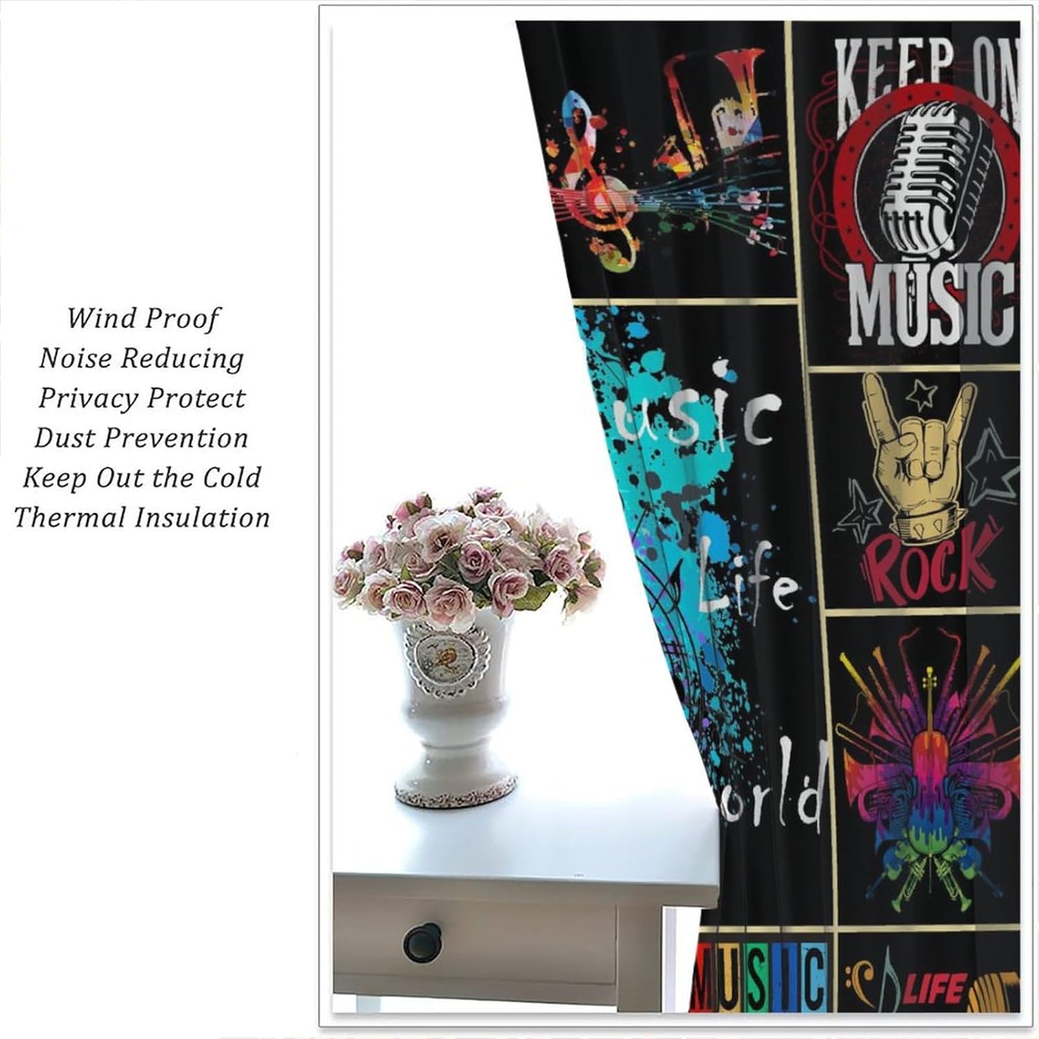 Music Note Curtains for Music Lovers,Rock and Roll Adults Kids Music Themed Art Window Treatments for Bedroom Living Room Musical Room Décor Drapes 2 Panels,Total Size 42" W x 45" H