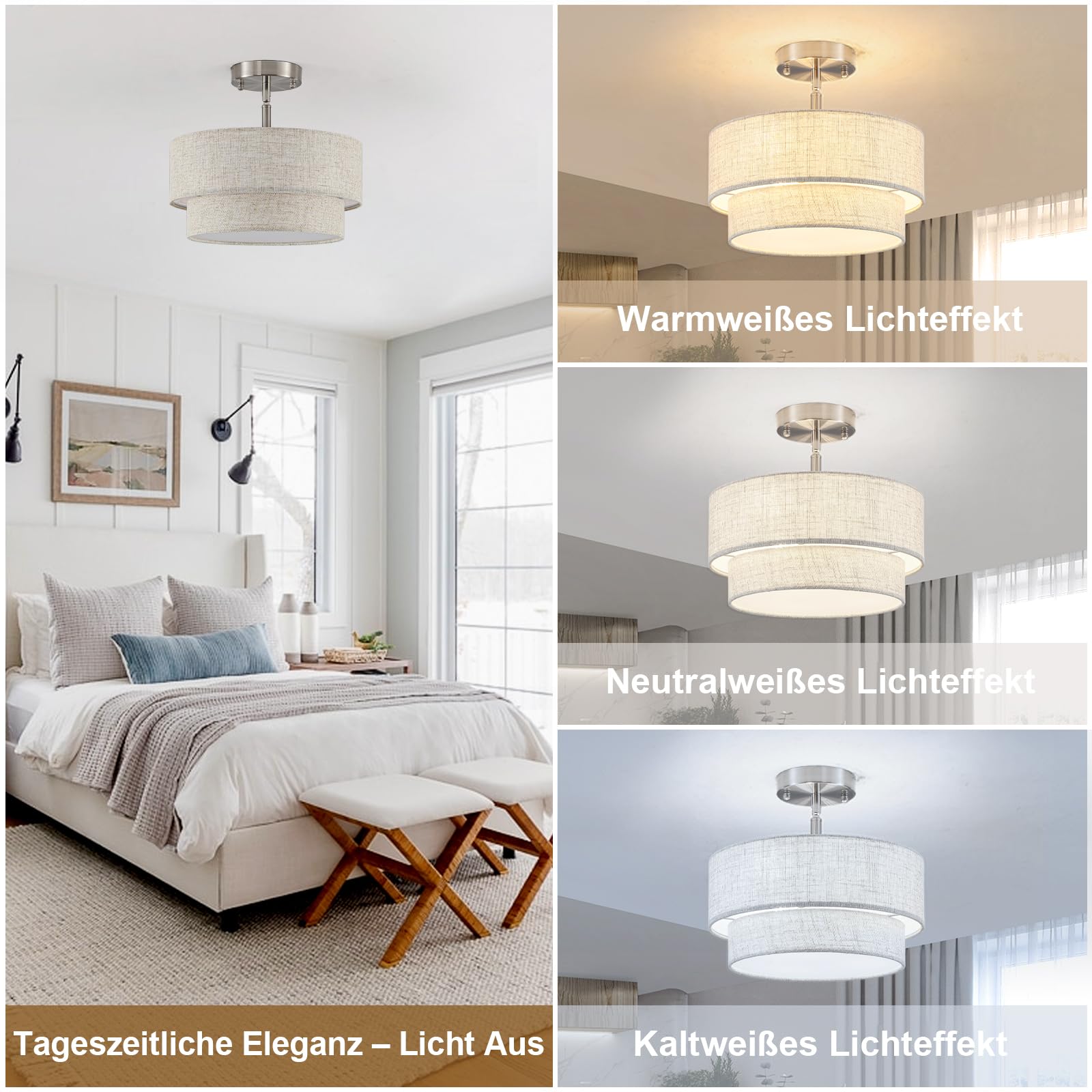 Deckenleuchte Silber 3-flammig, Moderne Stoff Deckenlampe E27 Wohnzimmer | Lampe für Schlafzimmer Kinderzimmer Esszimmer Flur, Runde Deckenlampe mit beige Leinenstoffschirm, Ø32 cm, weiches Licht