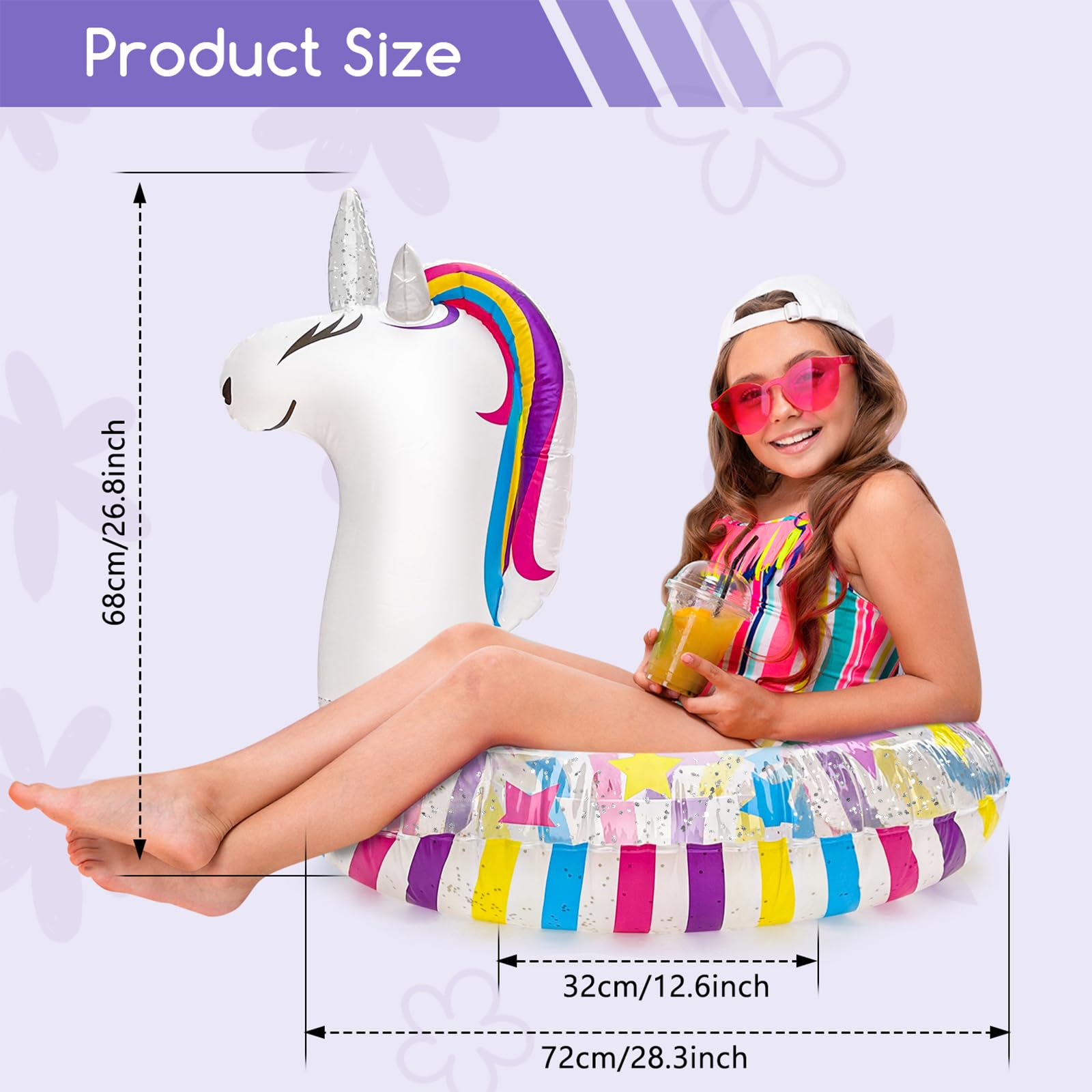 WenYa 28 Inch Unicorn Inflatable Floats Rings for Kids, Girls Unicorn Inflatable Pool Rings with Glitter for Kids Swimming Pool Water Sports (White) - Image 2
