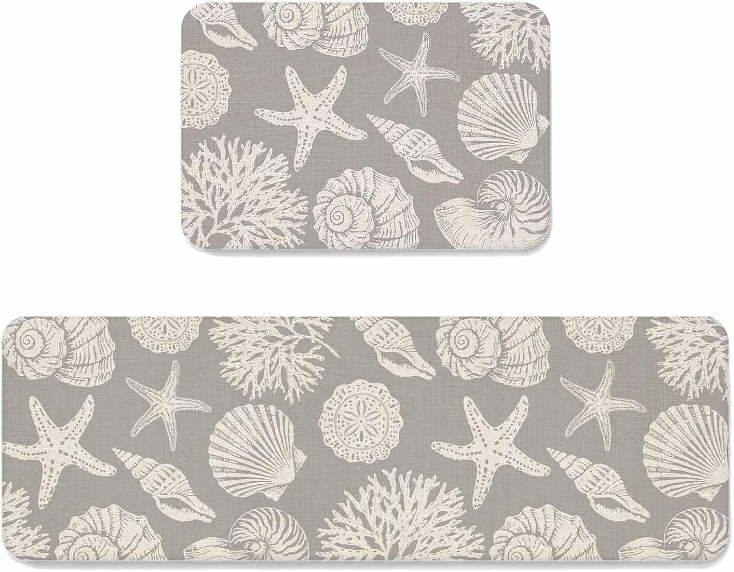 Summer Marine Life Kitchen Mats Set of 2 Graffiti Corals Shell Conch Sea Starfish Grey Non Slip Mat Washable Floor Rug for Kitchen Sink Floor Laundry, 23.6"x35.4"+23.6"x70.9"