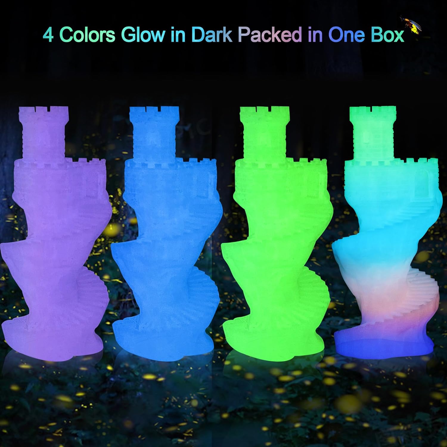 4 Spools Glowing in Dark PLA Bundle, Glow in Dark Green Blue Purple Fast Color Change Rainbow, Each Spool 0.25kg, 4 Spools, Total 1KG Dark Fluorescent PLA 3D Filament
