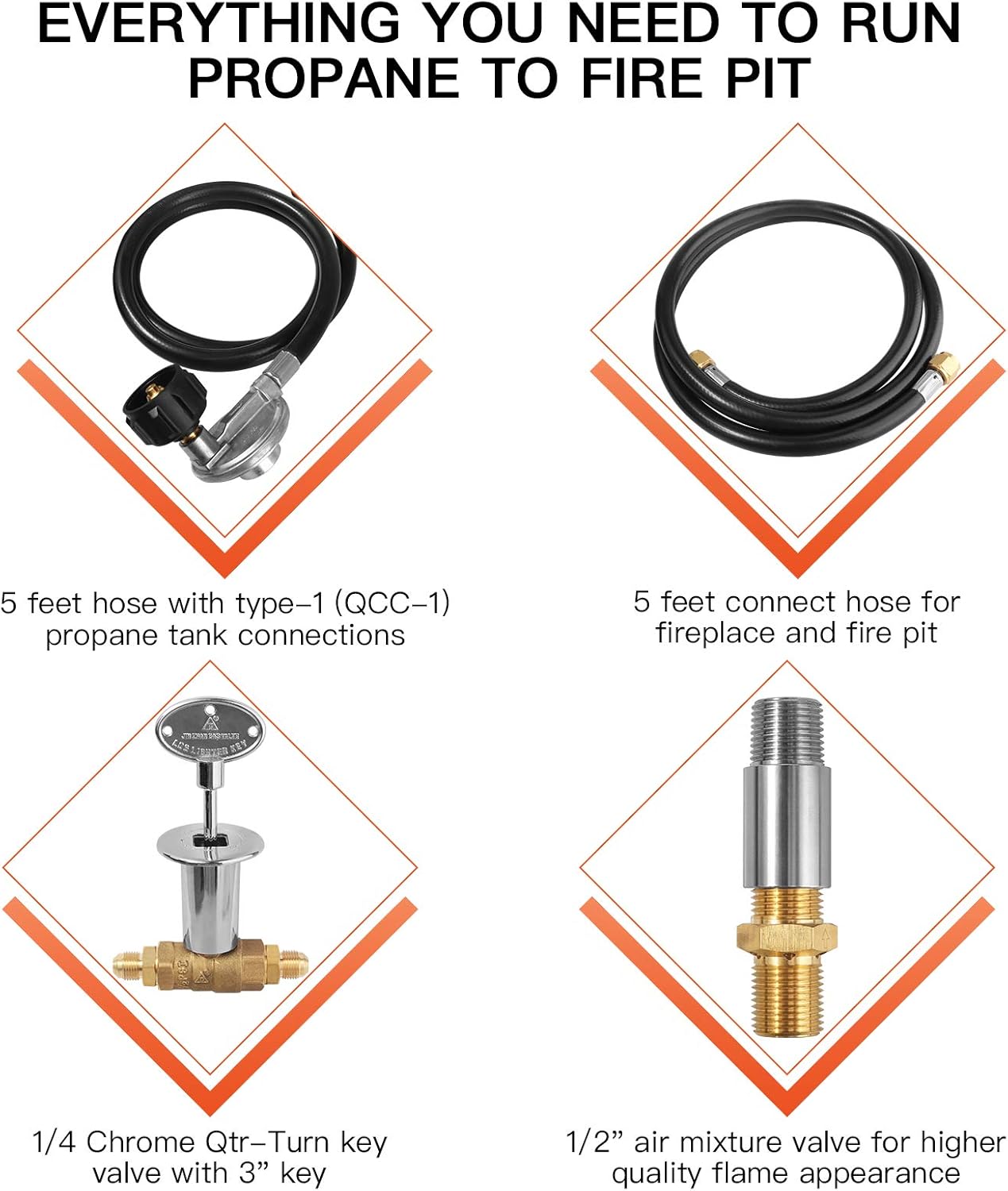 Propane Gas Fire Pit Kit Connection Hose Installation Kit, Propane Gas Fire Pit Valve Control System Hose Assembly for Burner, Include 1/2" Key Valve, 150K BTU Max