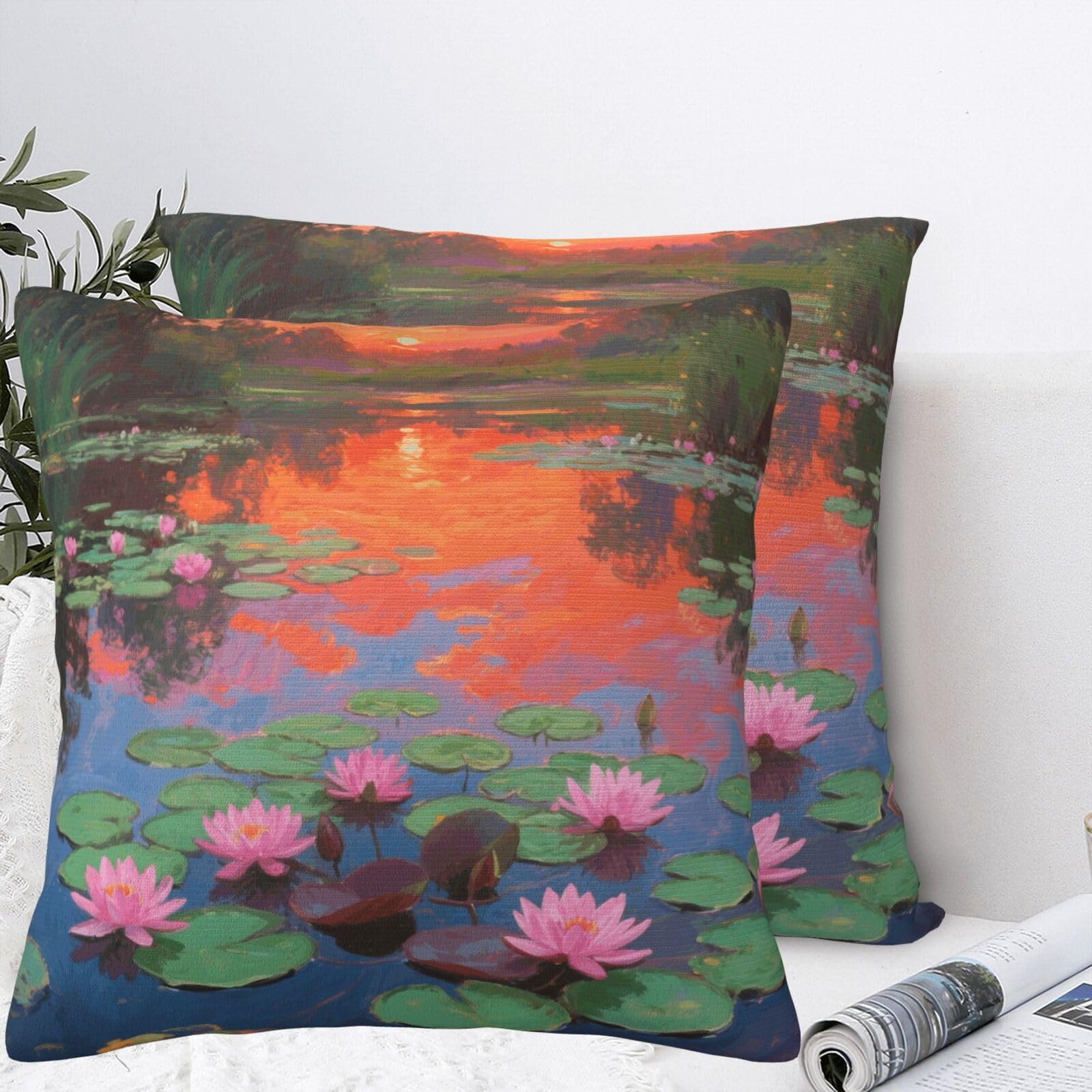 BTCOWZRV Monet Waterlily Plush Throw Pillow Covers 12"X12",Soft Cozy Couch Cushion Covers Decorative Pillow Cases for Holiday Home Bedroom Sofa Decors
