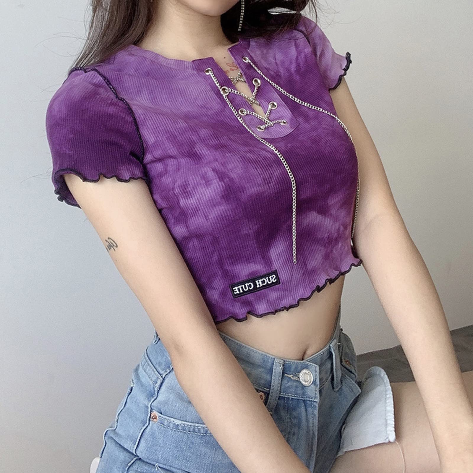 Damskie Crop Tops Eversoft Falbanki T-shirty z krótkim rękawem, nadruk T-shirty z okrągłym dekoltem, lekkie, wygodne