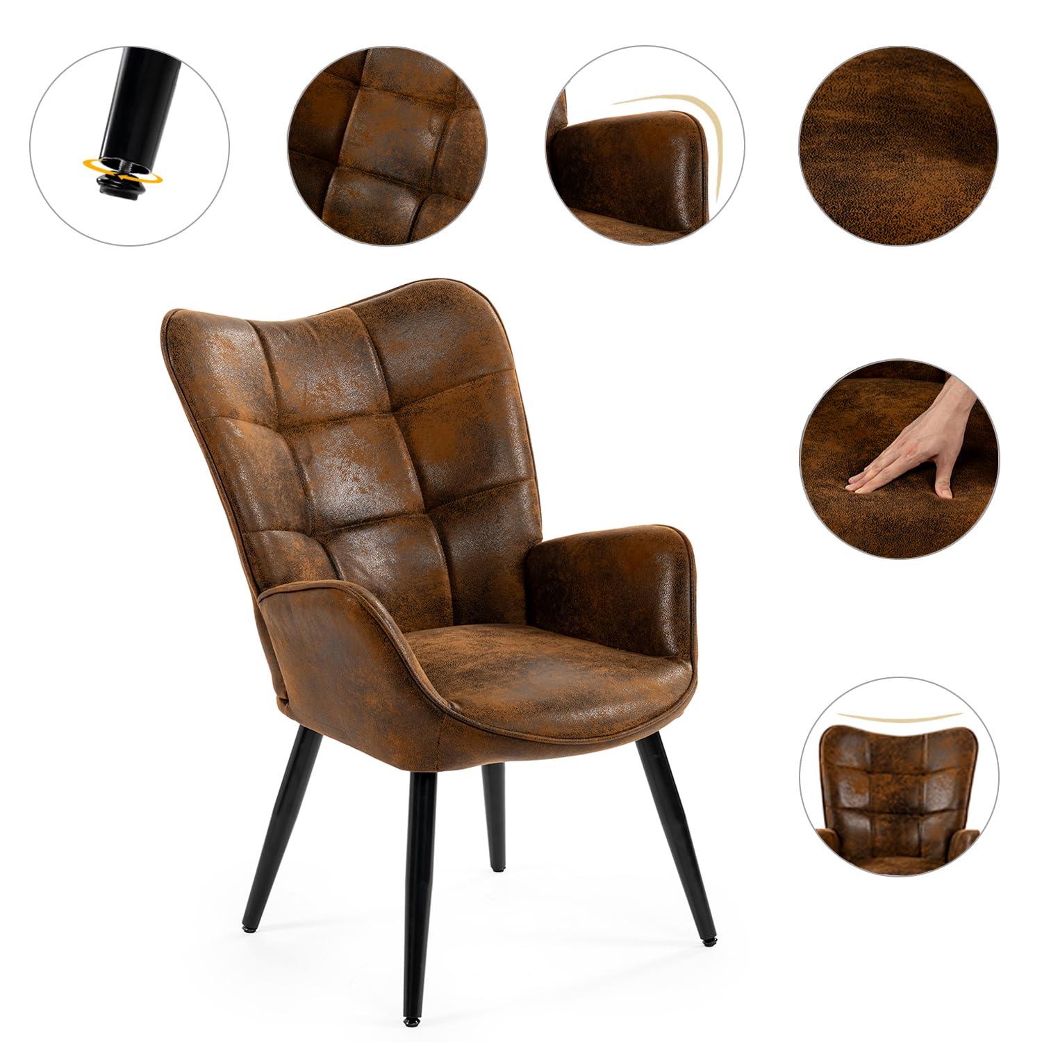 MEUBLE COSY Poltrona Imbottita Sedia da Salotto con Braccioli Poltroncina Relax con Schienale Alto e Cuscino Spesso Gambe in Metallo per Camera da Letto Soggiorno in Pelle Scamosciata Marrone