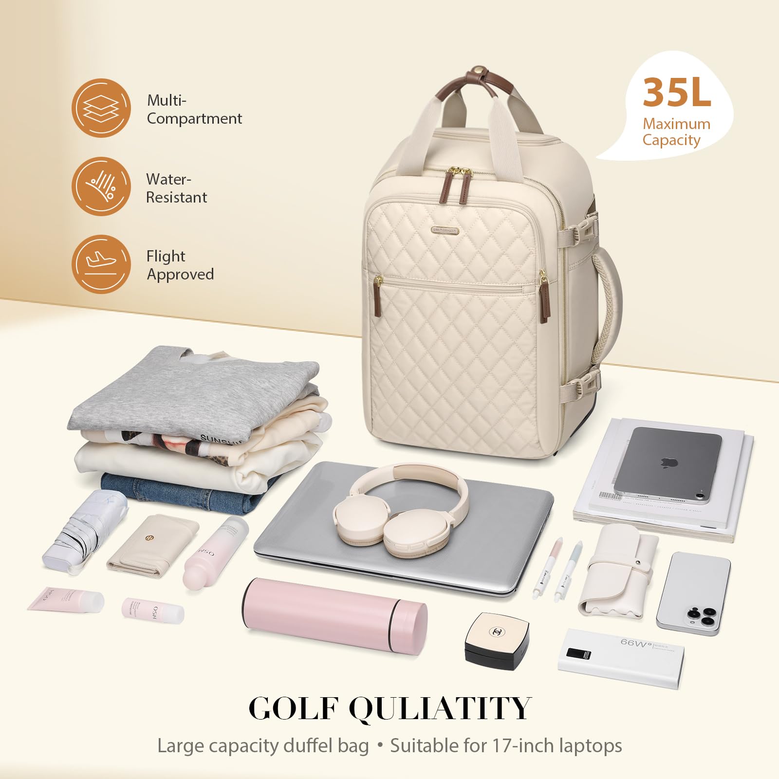 Sac À Dos De Voyage Et Ordinateur 17 Pouces, Imperméable 26L, Sac Cabine Avion Pour Homme Et Femme, Idéal Travail Université Weekend,Abricot