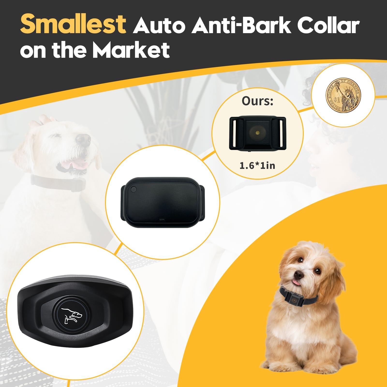 Tiniest Bark Collar for Small Dogs 5-15lbs, Only 1.6 * 1in & 0.42oz, No Shock with Vibration &Sound, Extra Small & Rechargeable, 5 Sensitivity Levels?Black?