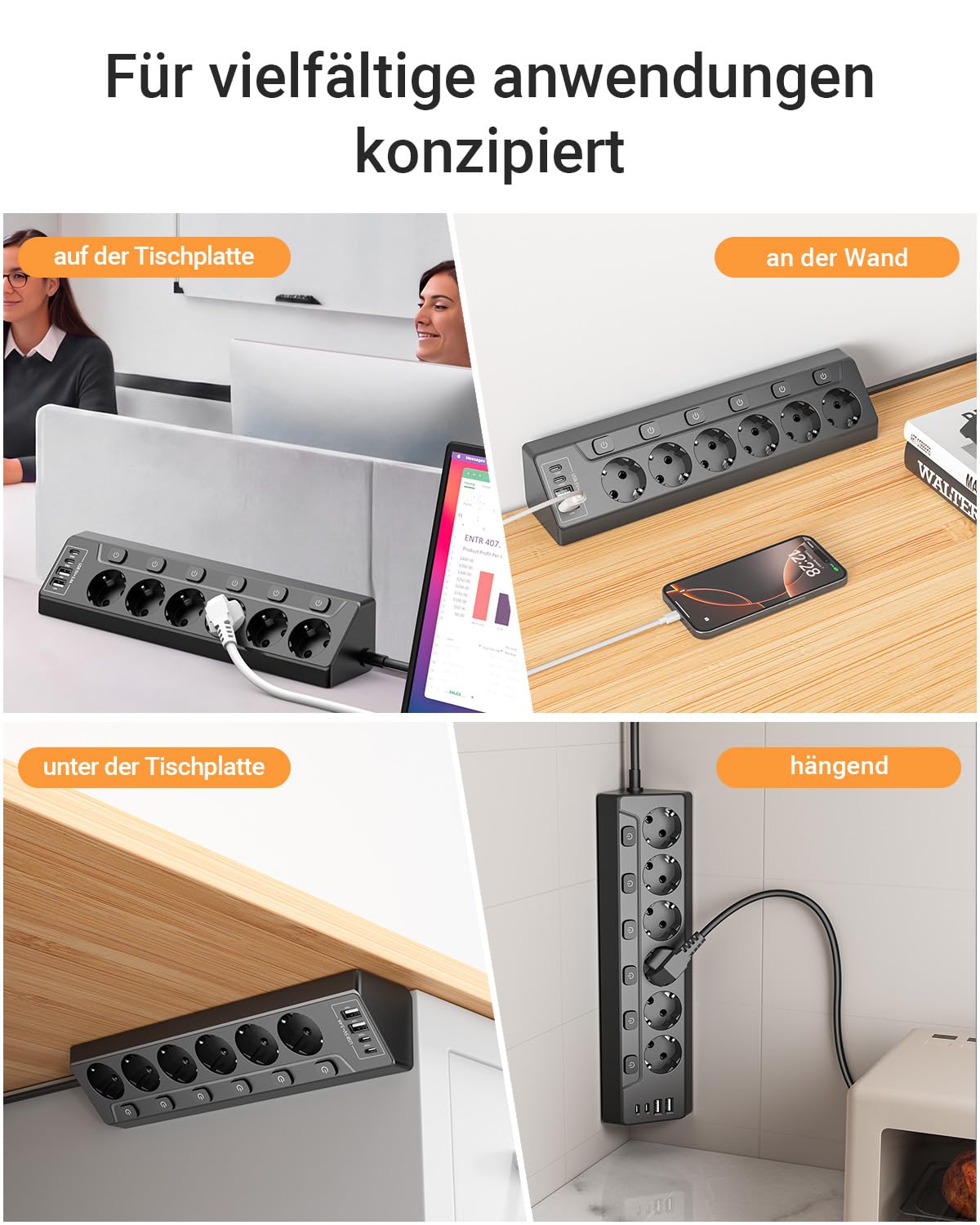 Ecksteckdosen-Steckdosenleiste, einzeln schaltbar, 6 Fach mit 4 USB (2X USB-C + 2X USB-A), Überspannungsschutz, Berührungsschutz, 2m Kabel, 3680W für Küche, Büro und Haushalt