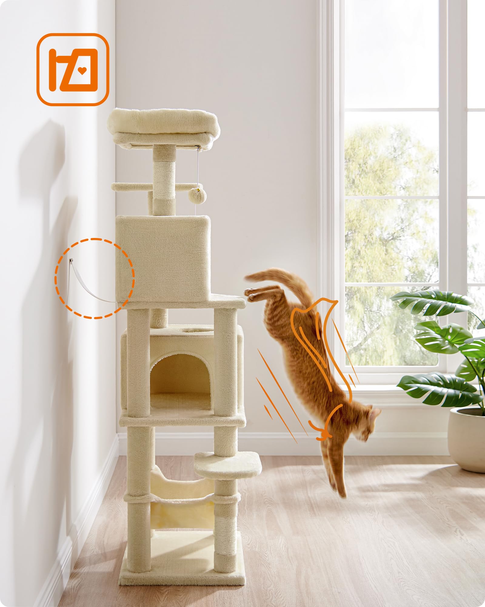 Feandrea Drzewko dla kota, wieża dla kotów domowych, 155 cm, pluszowe wielopoziomowe mieszkanie dla kota z 5 drapakami, 2 jaskinie, hamak, 2 pompony, beżowy PCT192M01