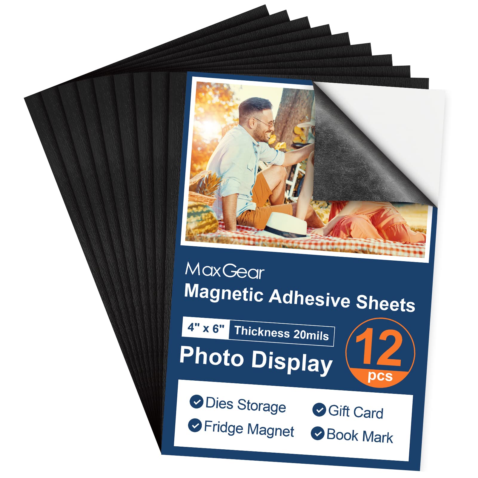 MaxGear 12-Pack Magnetic Sheets with Adhesive Backing, 4x6, Adhesive Magnetic Sheets, Flexible Magnet Sheets with Adhesive, Magnetic Stickers for Picture Crafts, Easy to Peel and Stick