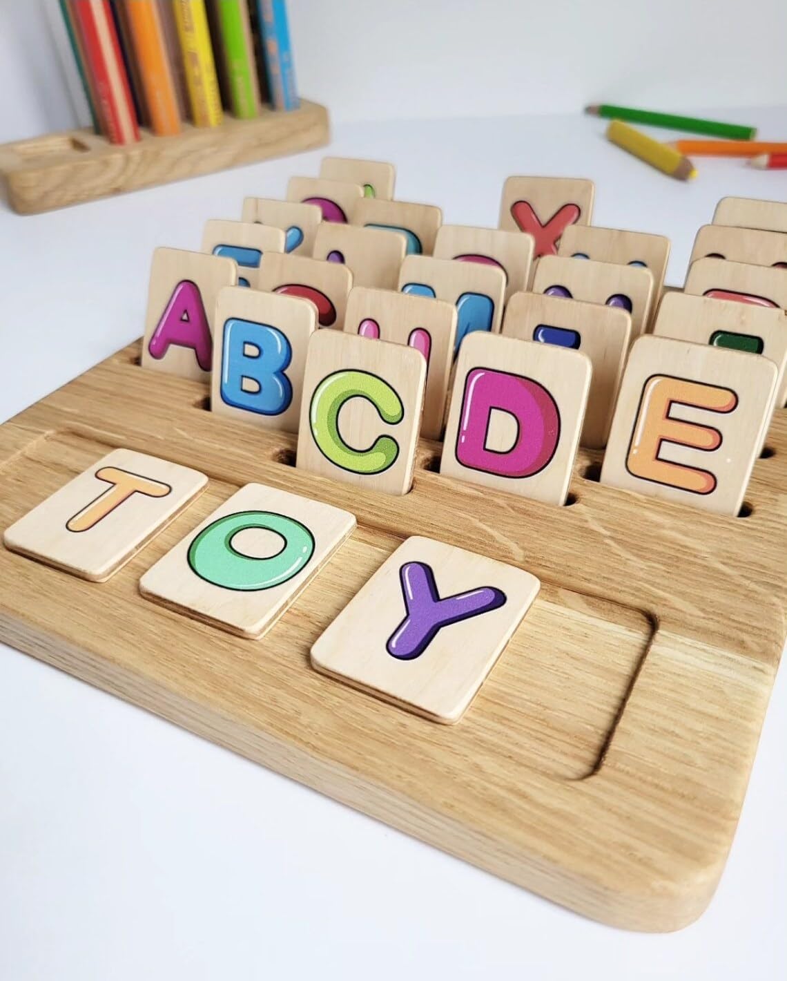 Gift for toddler Alphabet board with colored Uppercase letters Waldorf Montessori toy Alphabet flash cards Moveable Alphabet homeschool toy (Board + 2 set of cards)