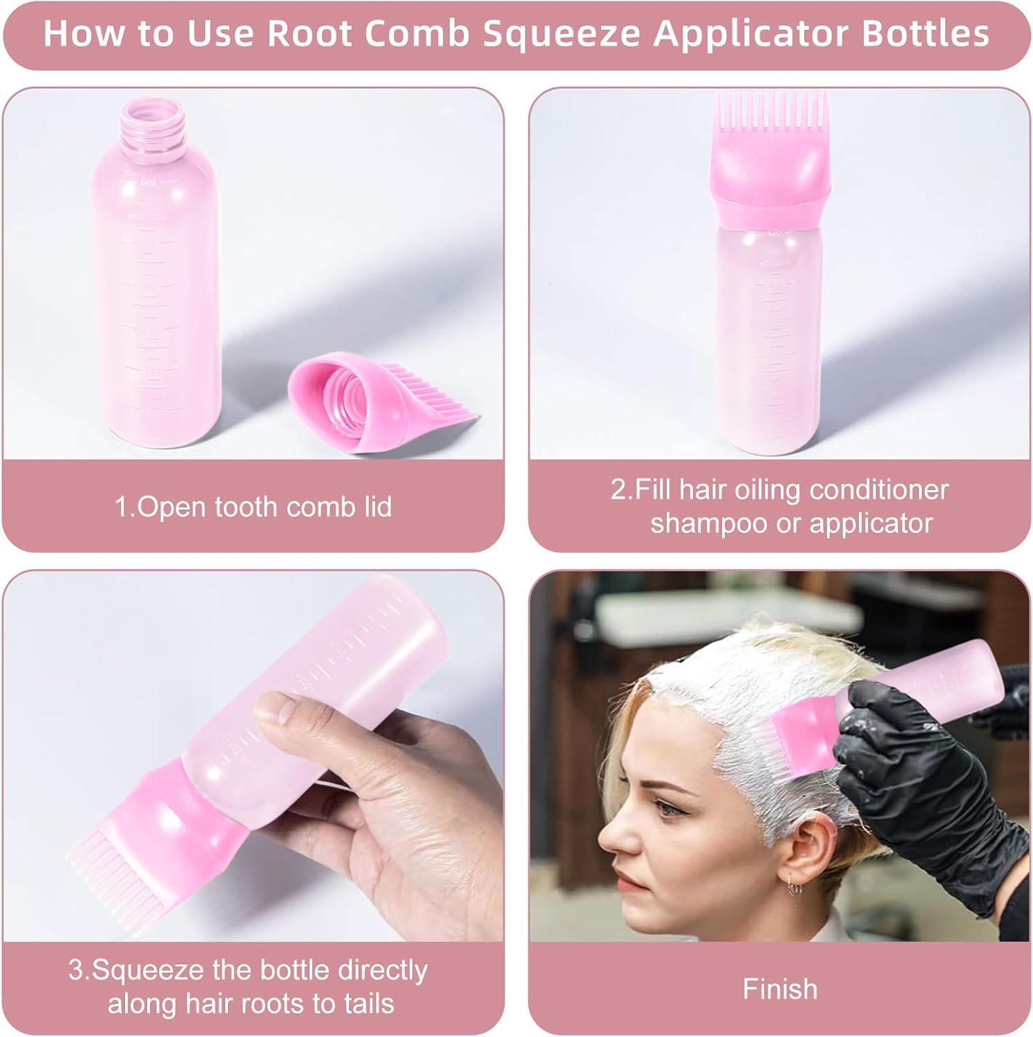 Lot de 2 Applicateur Huile Cheveux,Hair Dye Brush Bottle,Brosse Teinture,Flacon Applicateur Huile Cheveux Avec Échelle,Peigne De Massage Du Cuir Chevelu(Rose)