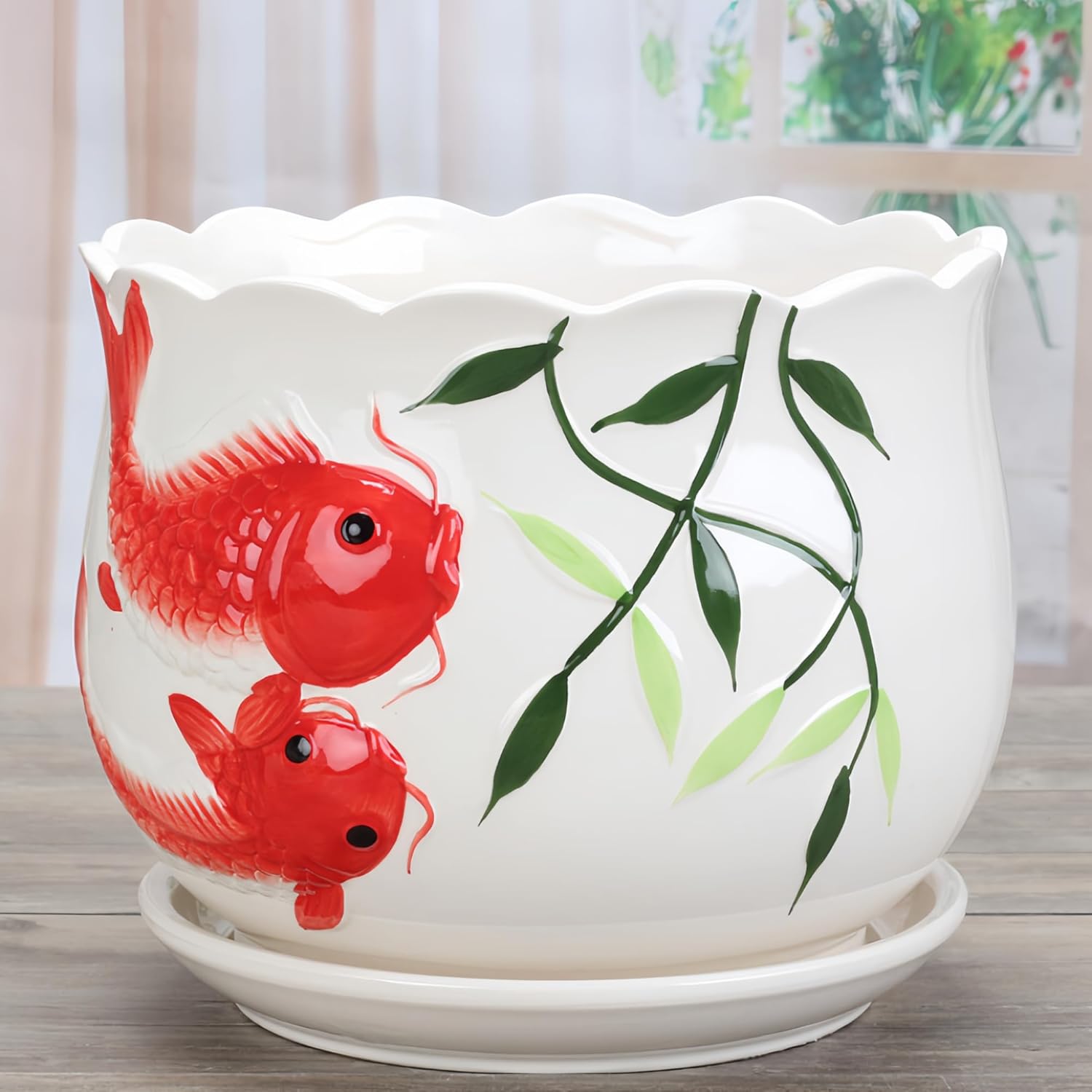 Ceramic Pots for Plants: Plant Pots Indoor with Drainage Holes and Saucers, 2025 New Chinese Style Decorative Planter, with Goldfish and Plant Pattern, Cute Small Decorative Flower Pot