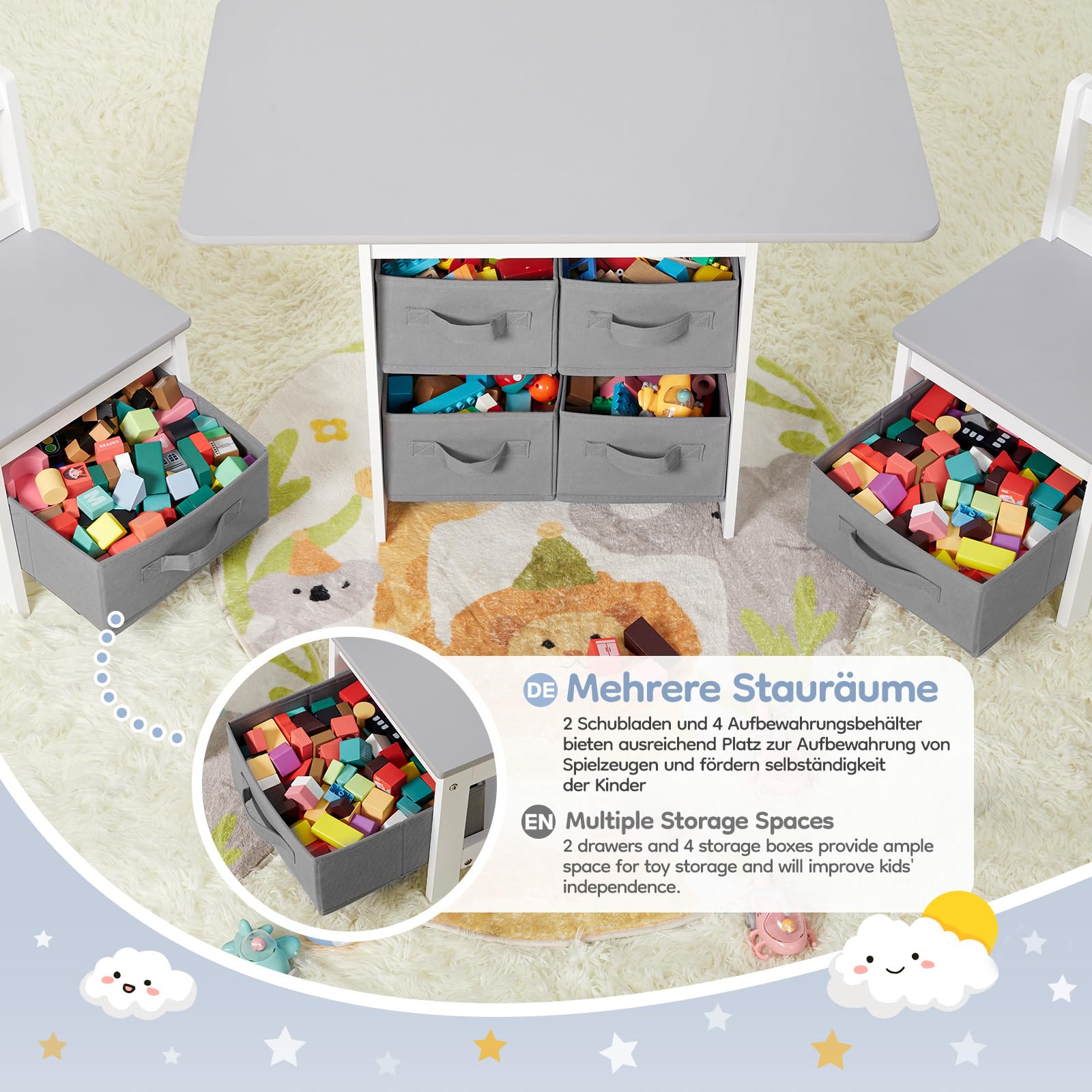 Yorbay Kindertisch mit 2 Stühle, Kinderaktivitätstisch mit Stauraum, 3tlg Kindersitzgruppe, Sitzgruppe für Kinder, Maltisch für Kinderzimmer, Spielzimmer, Vorschüler, Kindermöbel (Grau)