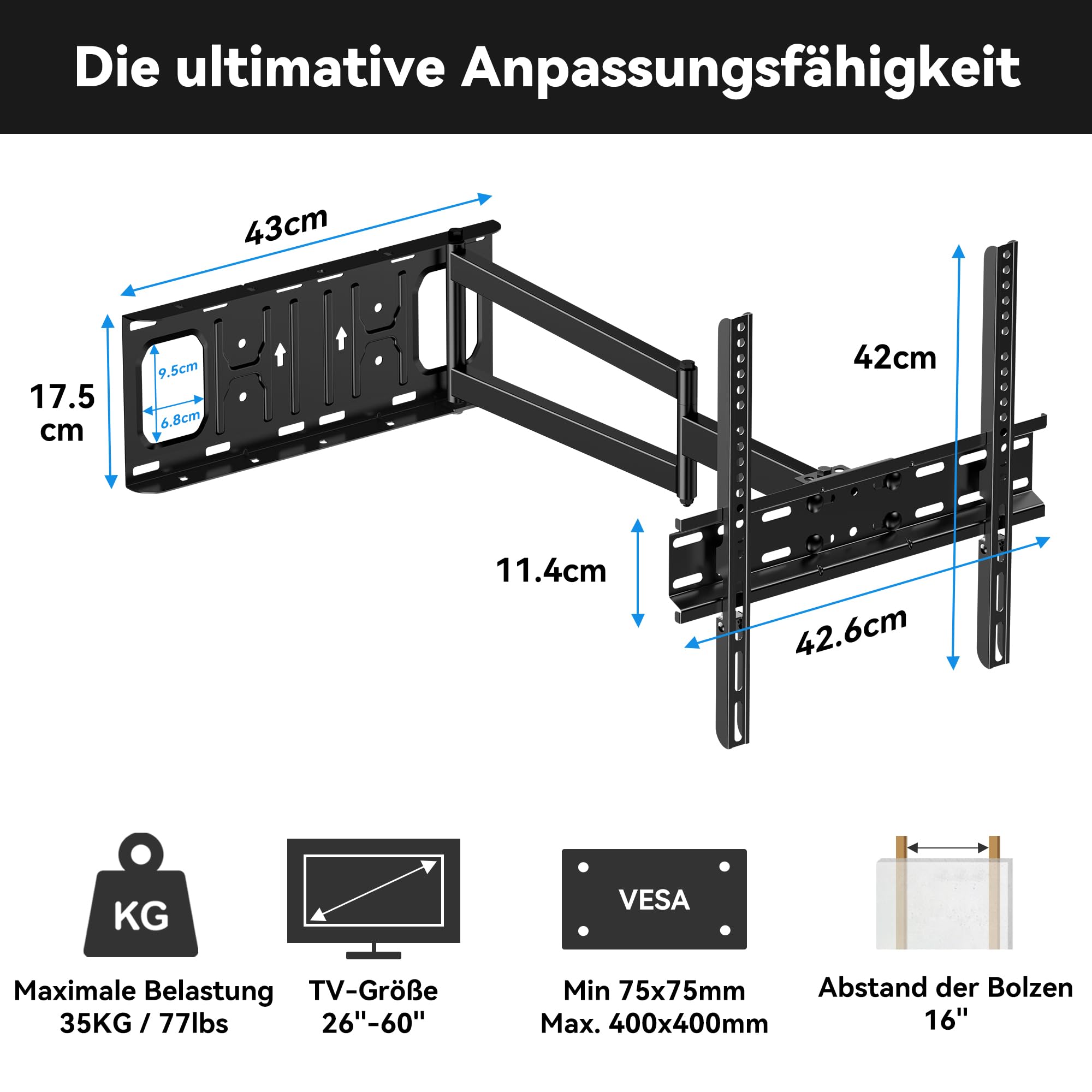 FORGING MOUNT TV Wandhalterung für 26-65 Zoll Flach & Curved Fernseher | TV Halterung mit Langem Gelenkarm 650mm, Schwenkbar Neigbar Ecke Wandhalterung Fernseher, bis zu 35kg, Max. VESA 400x400mm