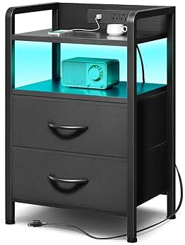 Night Stand Bedside Charger Bedroom - Nightstand with Charging Station & LED Light Strip, Night Stand with Storage Shelf & 2 Fabric Drawers, Morden End Table with U-S-B Ports & AC Outlets