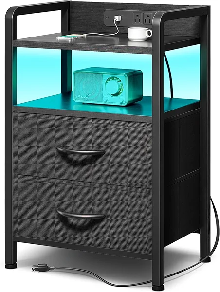 Lazzanto Night Stand Bedside Charger Bedroom - Nightstand with Charging Station & LED Light Strip, Night Stand with Storage Shelf & 2 Fabric Drawers, Morden End Table with U-S-B Ports & AC Outlets