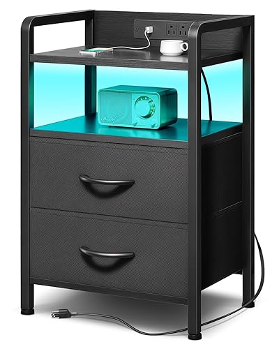 Lazzanto Night Stand Bedside Charger Bedroom - Nightstand with Charging Station & LED Light Strip, Night Stand with Storage Shelf & 2 Fabric Drawers, Morden End Table with U-S-B Ports & AC Outlets - Black - 2 Drawers