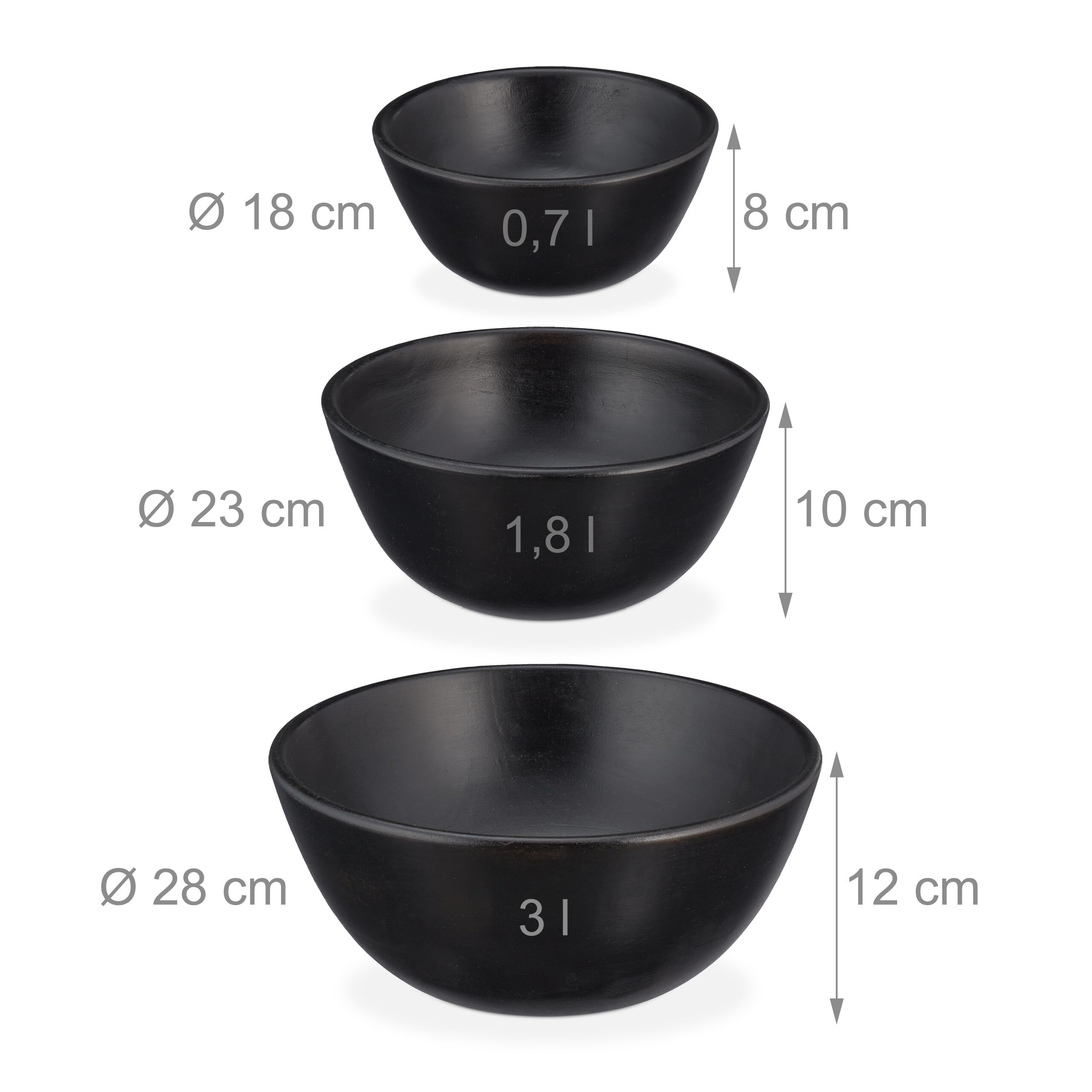 Relaxdays Juego de 3 Ensaladeras de Madera de Mango, Cuencos Redondos para Ensalada, Fruteros Ø 18, 23 y 29 cm, Negro