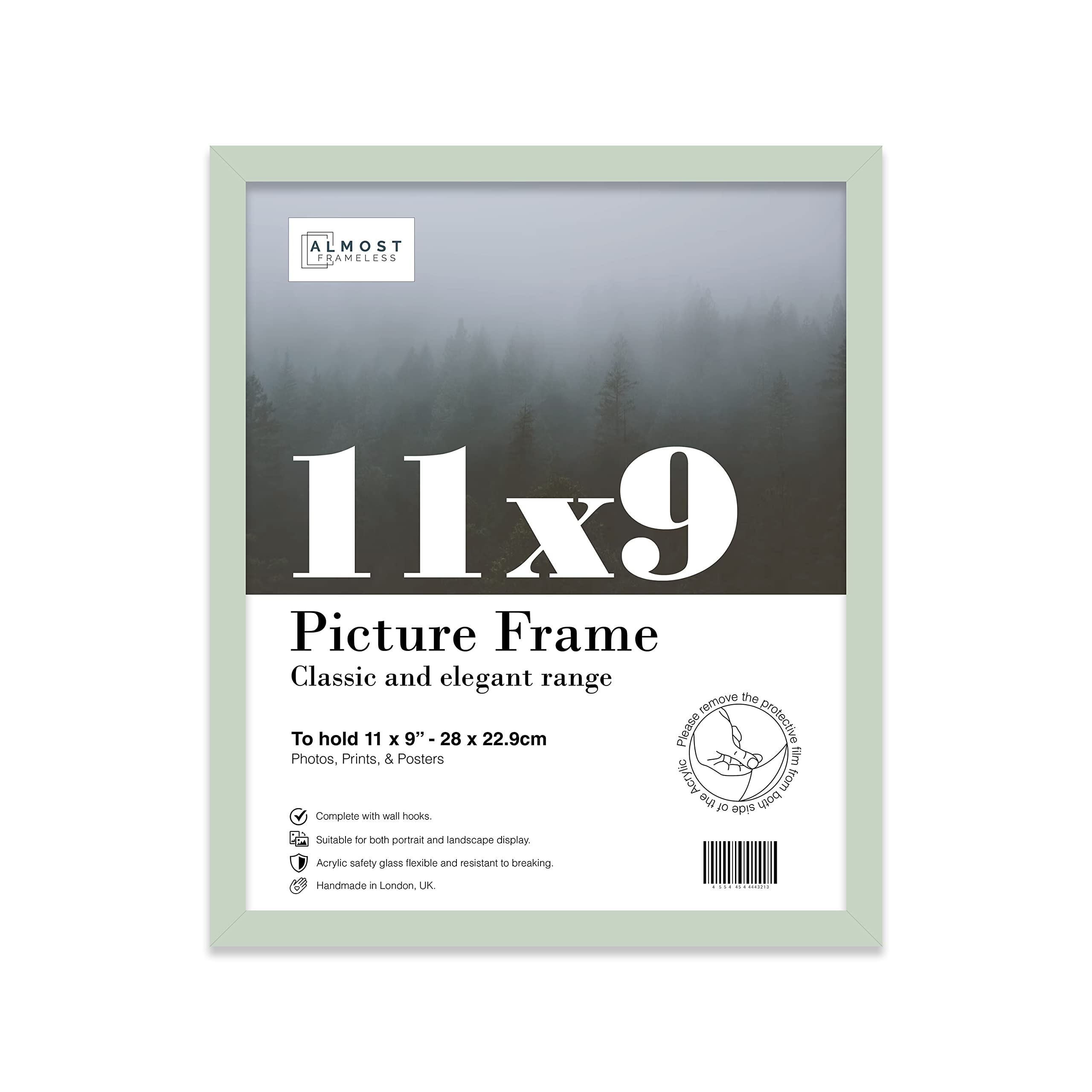 Almost Frameless 11x9 Mint Green Picture Frame 11"x9"(27.9x22.9cm) Poster, Photo, Artwork, or Print. Thin Edge Slim Frame Portrait and Landscape Display with Wall Hooks