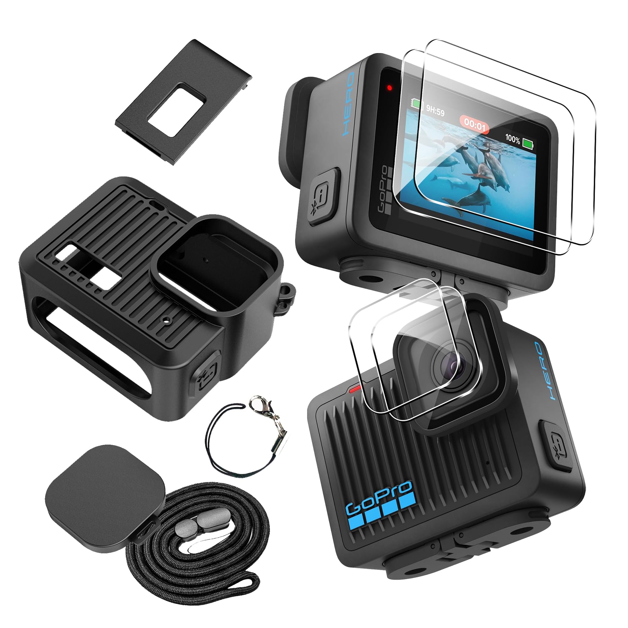 per abito accessori GoPro Hero 2024, custodia in silicone + protezione schermo + copertura laterale, antipolvere, antigoccia, HD - Nero.