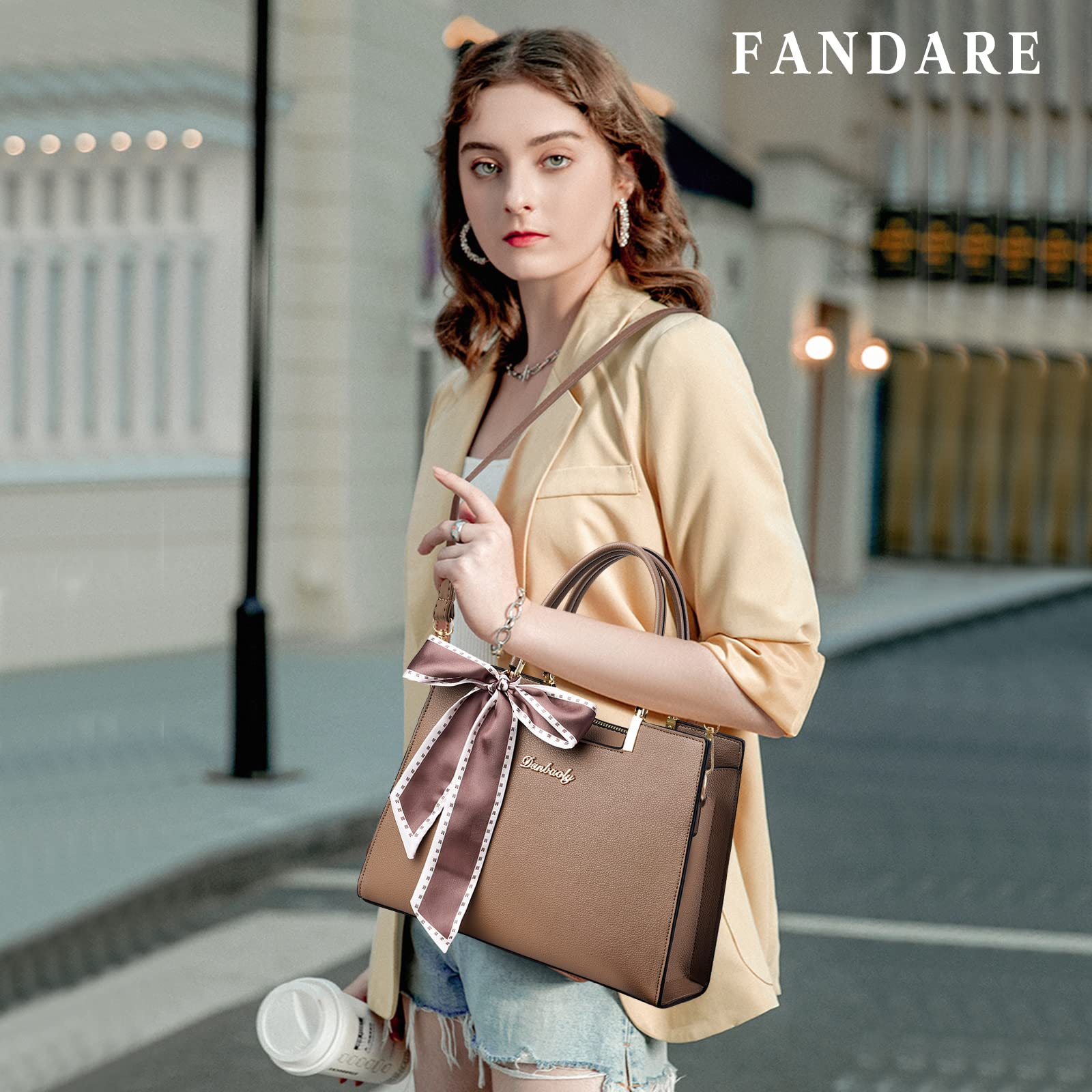 FANDARE Elegante Bolso de Mano para Mujer Bolso Bandolera PU Cuero Bolsos de Hombro Gran Capacidad Bolsos Cruzados para Viajes Compras Trabajo Citas Caqui