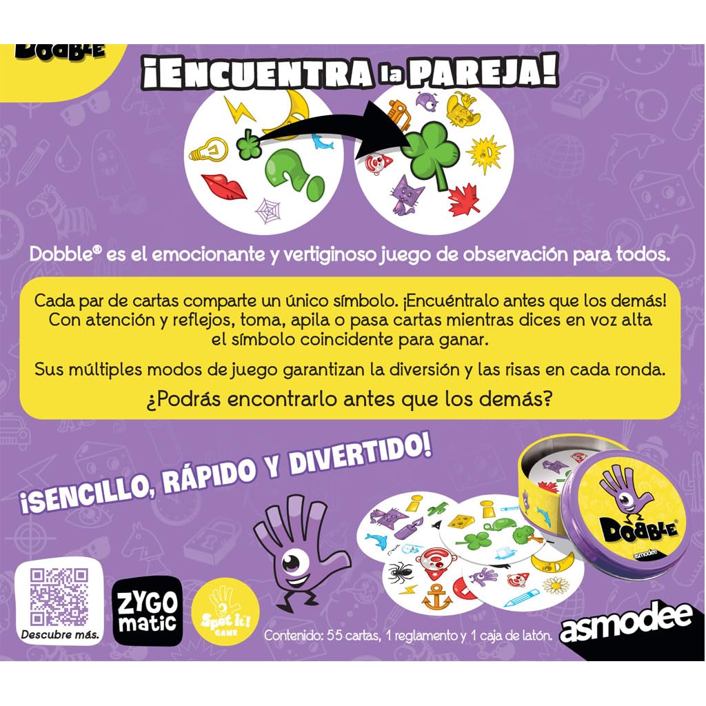 Asmodee Dobble Clasico, Juego de Cartas de Observación y Velocidad para Niños y Adultos, Juego de Mesa, 15 Minutos de Juego, A Partir de 6 años, 2-8 Jugadores