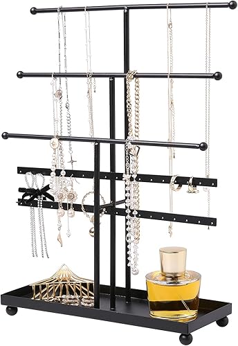 MyGift Moderno soporte organizador de joyas de metal de 3 niveles, exhibición de almacenamiento de joyas negro mate con bandeja para anillos, 18