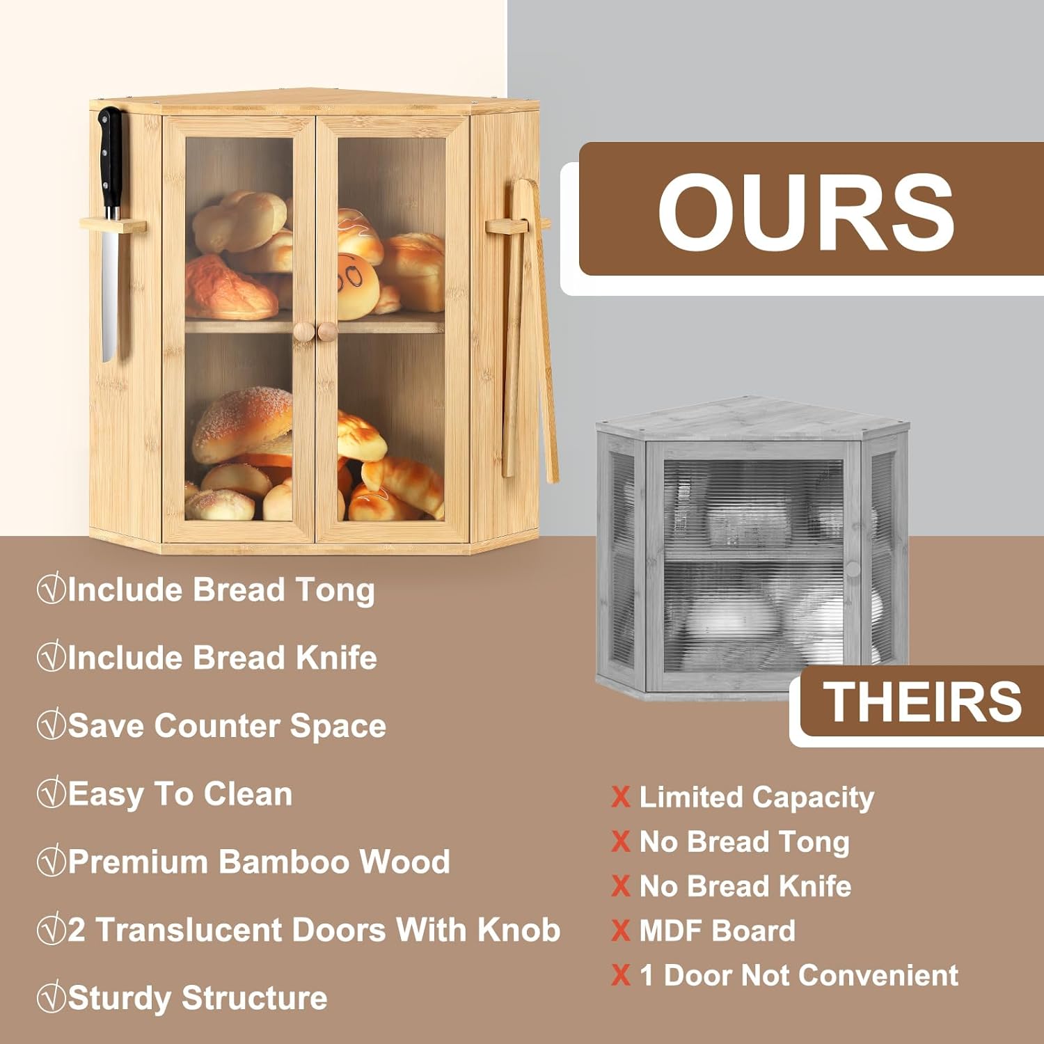 ETELI Corner Bread Box for Kitchen Countertop Double Layer Bamboo Bread Storage Container with Tong and Knife Vintage Bread Bin for Cans Snacks Fruits