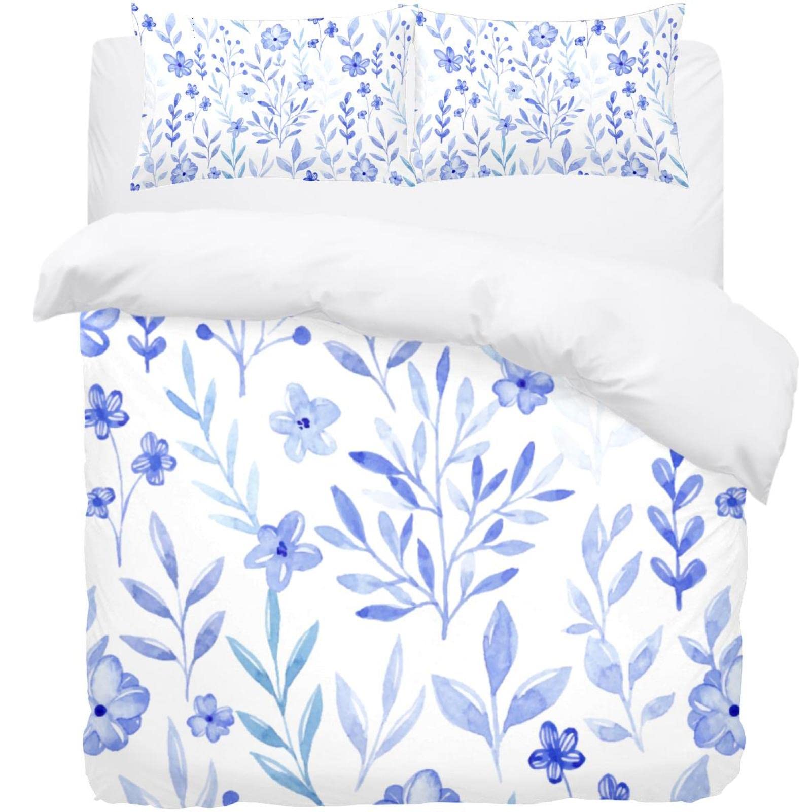 Parure de lit avec housse de couette motif floral aquarelle bleu