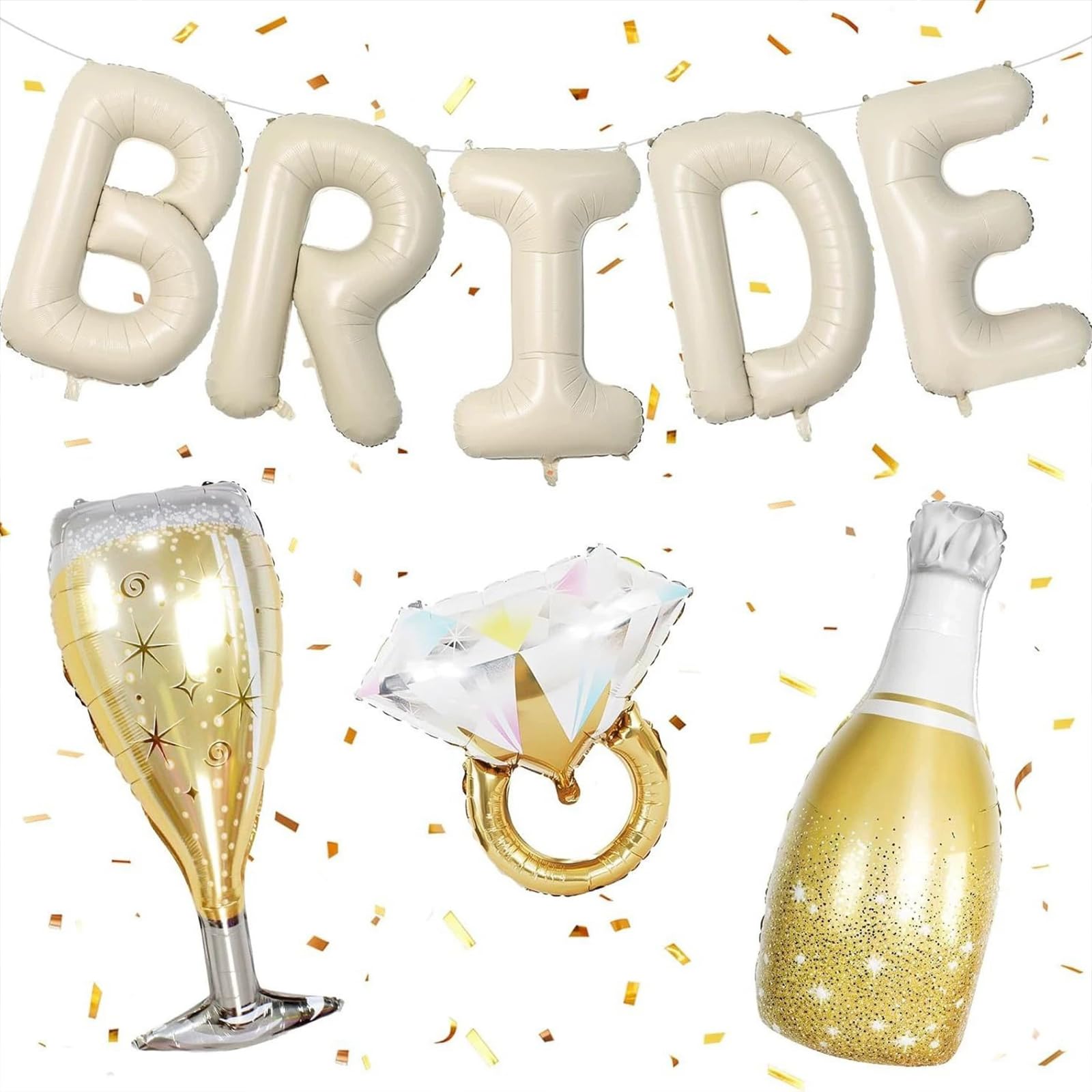 BRIDE Balloons Wedding Decorations - Self Sealing & Helium Compatible Foil Balloon Set with Ring, Bottle & Glass Design - Elegant Bridal Shower Party Decor