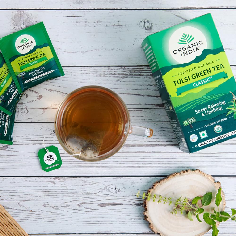 A TATA Product - Organic India Tulsi Green Tea Classic - 25 Tea Bags, Uplifts Mood, Rich in Antioxidants, Blend of Rama, Krishna & Vana Tulsi, Certified Organic (Pack of 3) product image 3