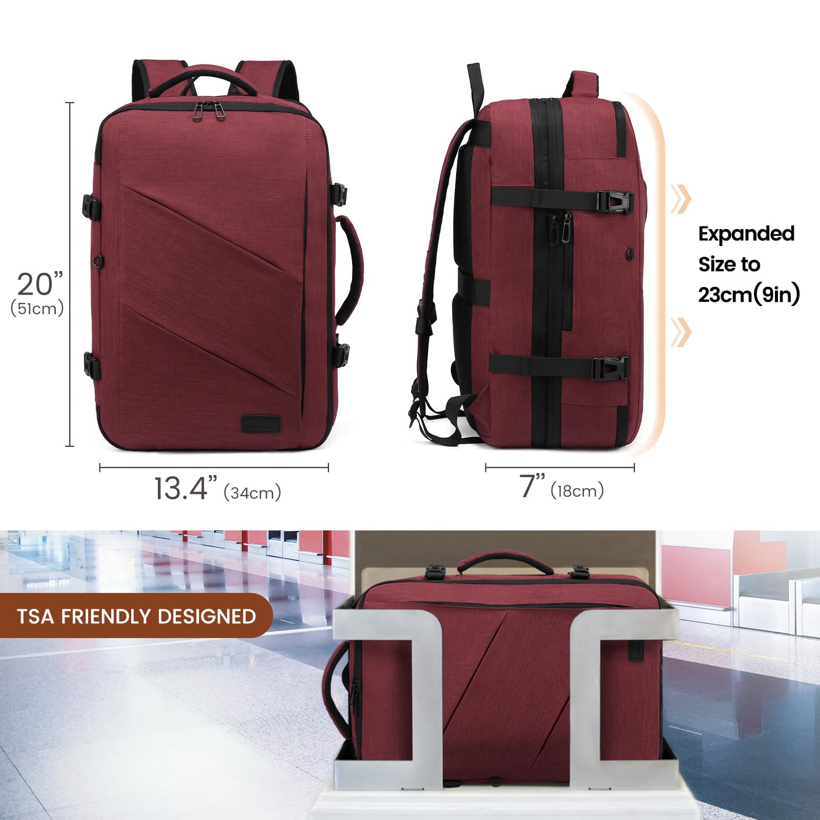 LOVEVOOK Zaino Donna Zaino Grande Da Viaggio Per Aereo, Bagaglio A Mano Borse Da Cabina Con porta usb, Zaino Per PC 17,3 Pollici, Travel Bag Impermeabile Con Organizer Valigia 3 Pezzi Rosso