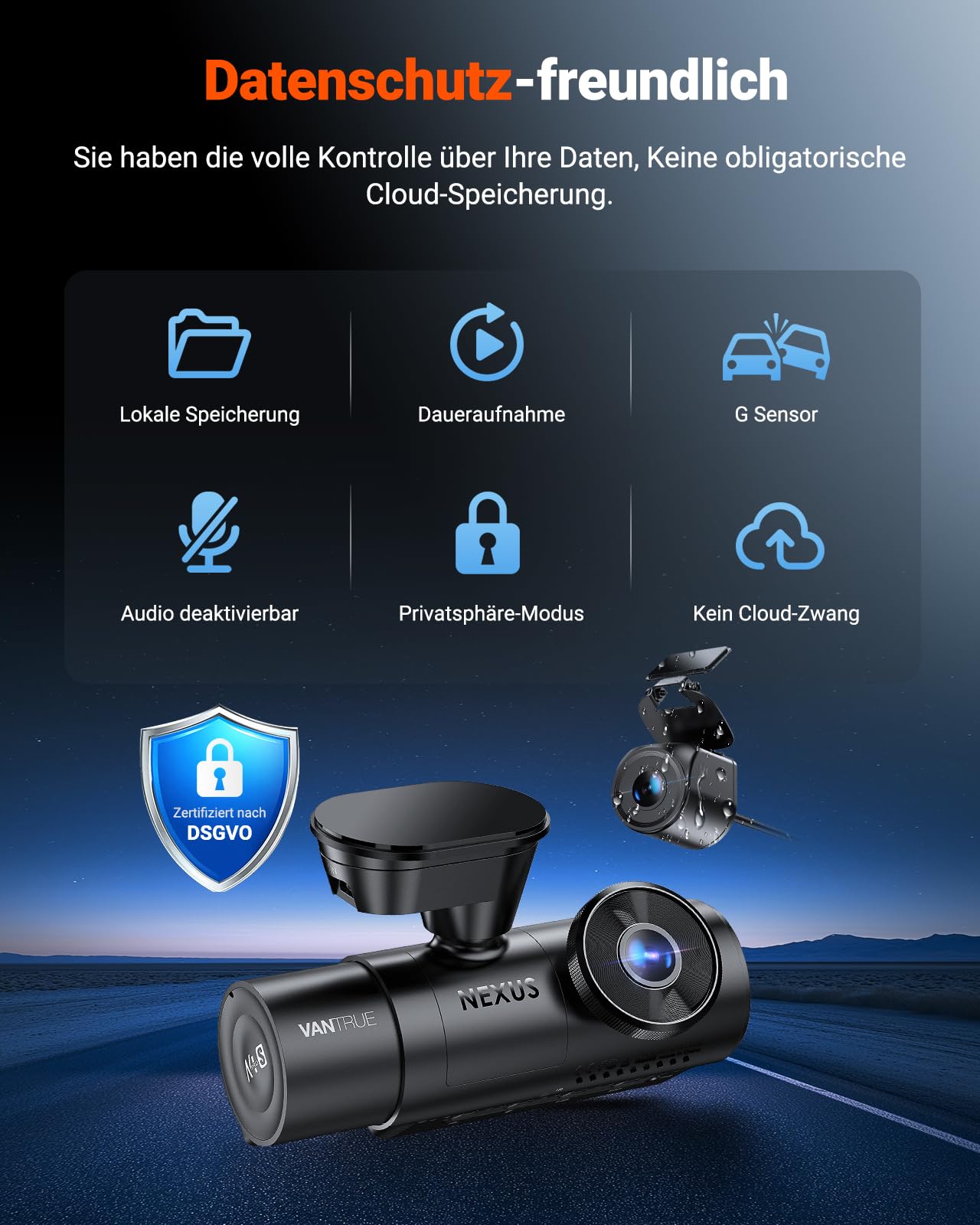 VANTRUE N4 Pro S 4K 3 Kanal Dashcam Auto, 4K+1080P+1440P Vorne Hinten Innen, STARVIS 2 Ultra HD-Nachtsicht, PLATEPIX Kennzeichenerkennung, 5GHz WLAN GPS, DSGVO-konform, G-Sensor, 24H Parküberwachung