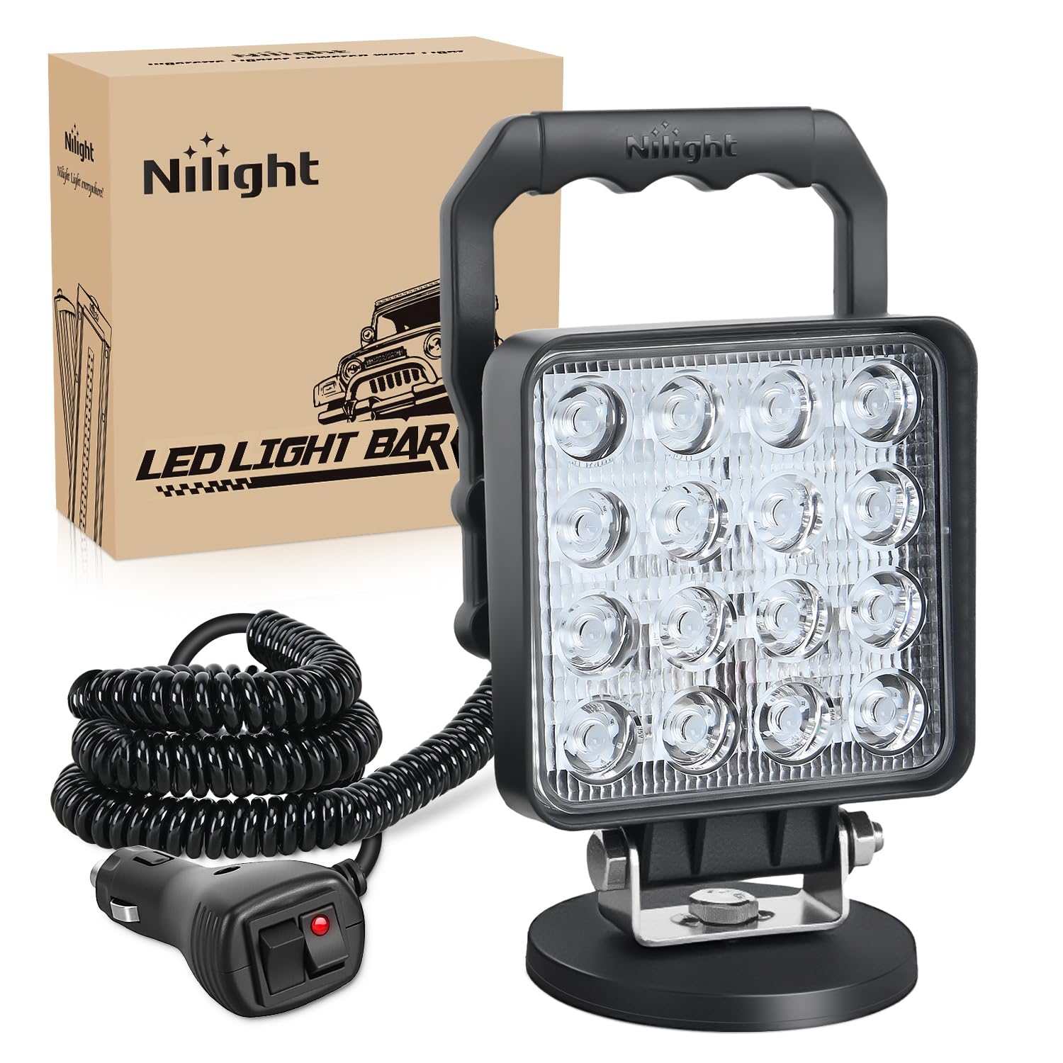 Nilight LED Lichtleiste 4 Zoll 48W, quadratisches tragbares Flutlicht mit Zigarettenanzünder, Kabelsatz & Magnetfuß, 16 LEDs, Arbeits- & Nebelscheinwerfer für LKW, Traktor, Golfcart, UTV