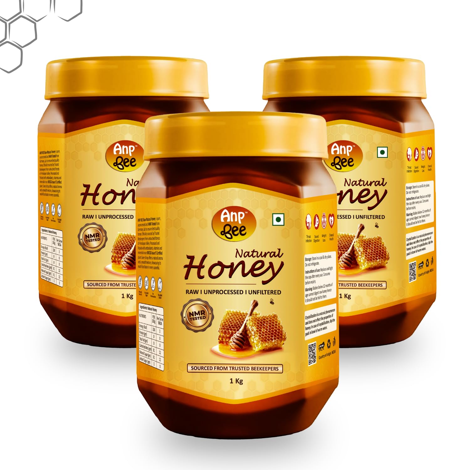 ANP BEE Raw Natural Honey 3kg (1kg x 3Pcs), NMR Tested Pure Unprocessed Original Sugar-Free Honey, Supports Weight Loss, Glow Skin, Herbal Ayurvedic Organic Honey/Shahad/Madhu, Plastic Jar